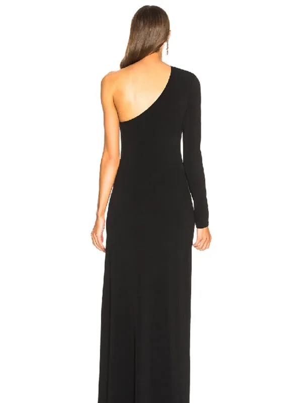 One Shoulder Black Long Prom with High Slit, Long Black Velvet Formal Evening
