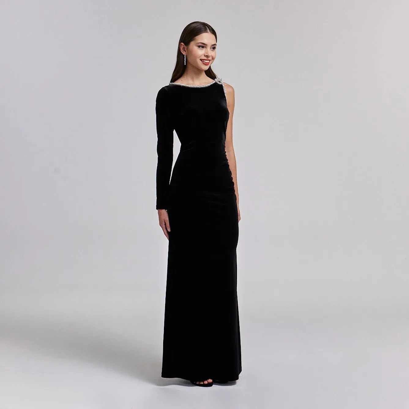 One-Shoulder Black Velvet Maxi Dress with Sparkling Shoulder Detail
