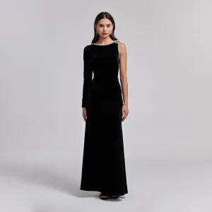 One-Shoulder Black Velvet Maxi Dress with Sparkling Shoulder Detail