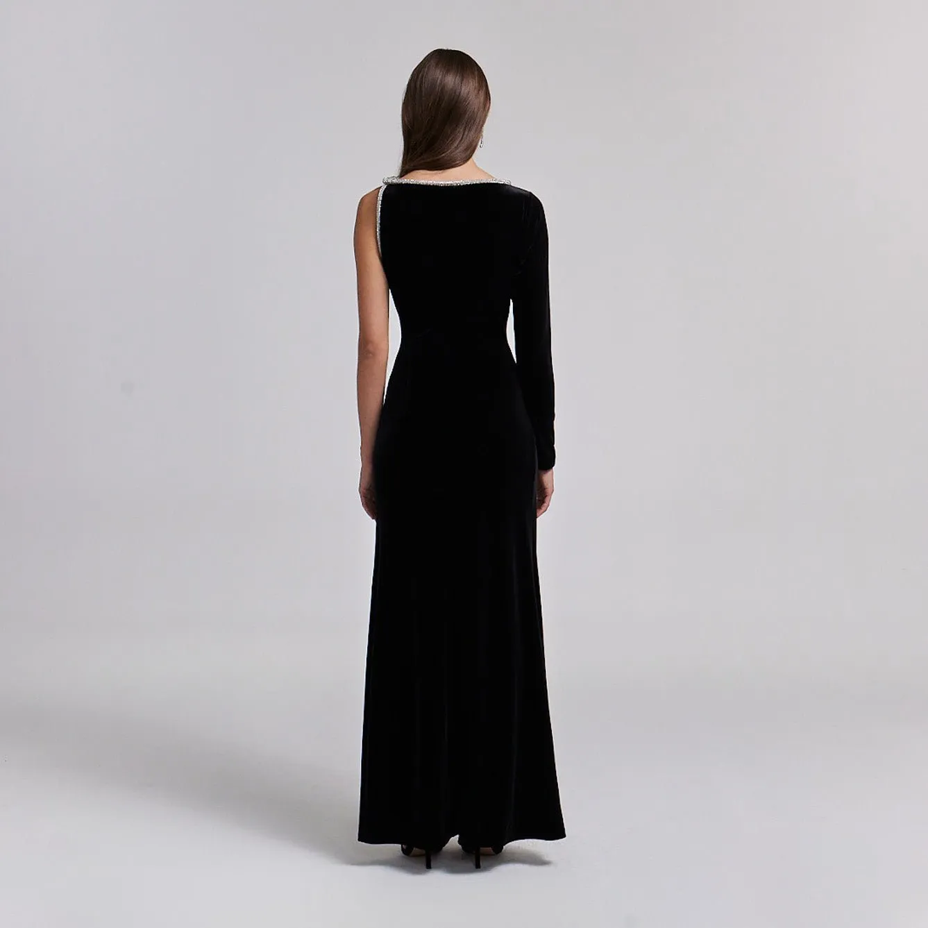 One-Shoulder Black Velvet Maxi Dress with Sparkling Shoulder Detail