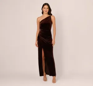 One Shoulder Draped Velvet Gown With Chain Accent In Dark Brown