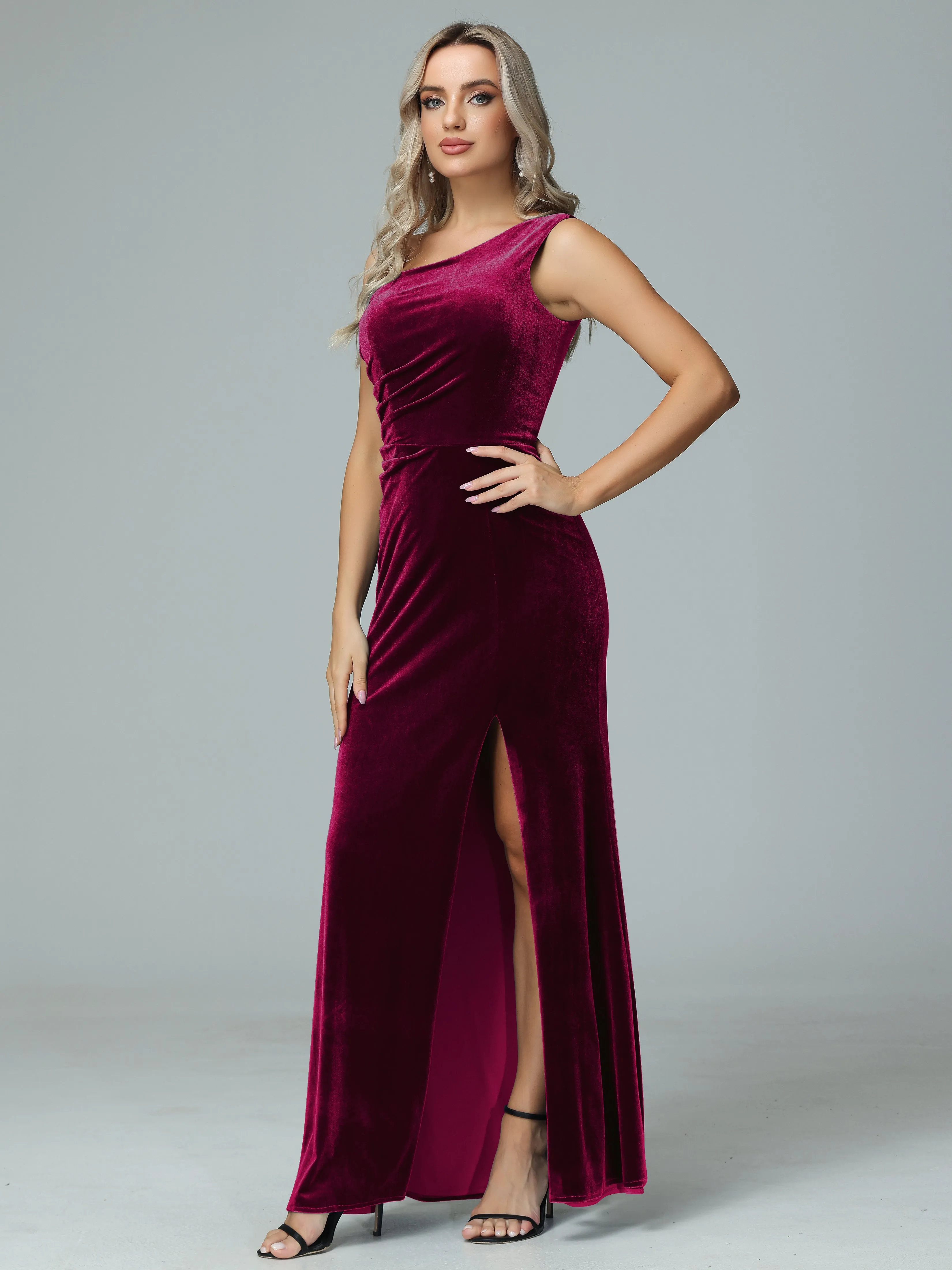 One Shoulder Velvet Winter Formal Bridesmaid Dresses