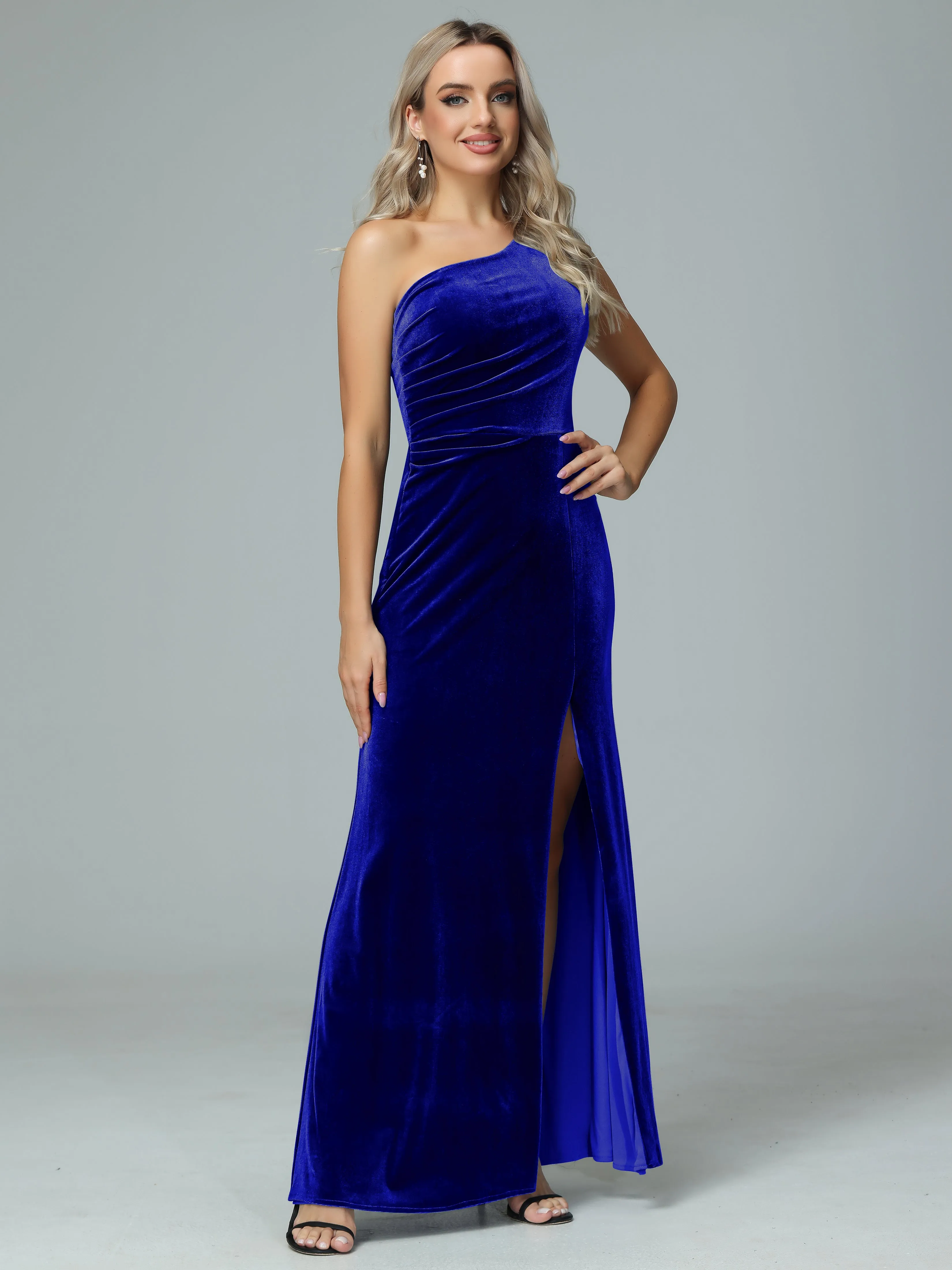 One Shoulder Velvet Winter Formal Bridesmaid Dresses
