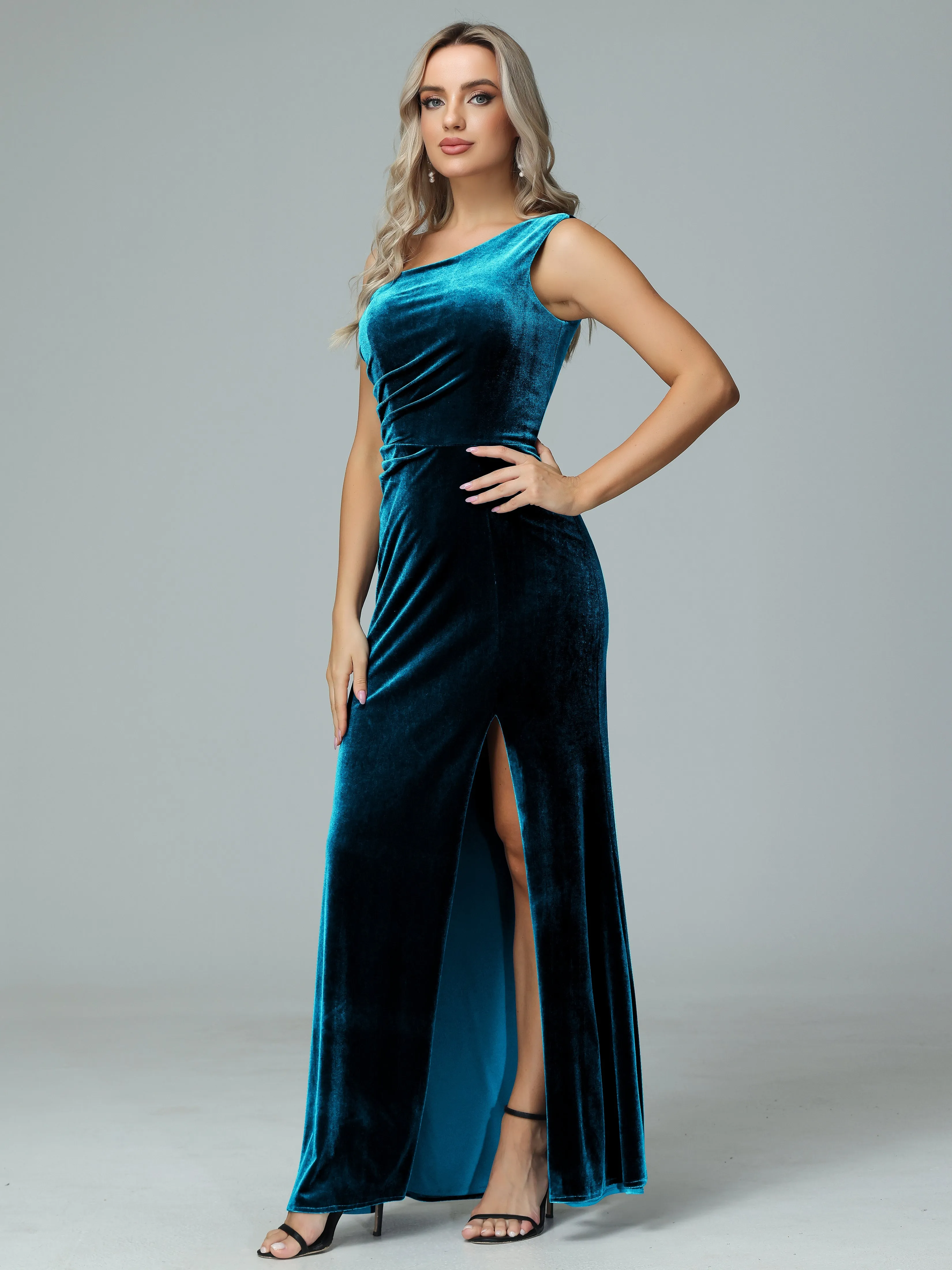 One Shoulder Velvet Winter Formal Bridesmaid Dresses
