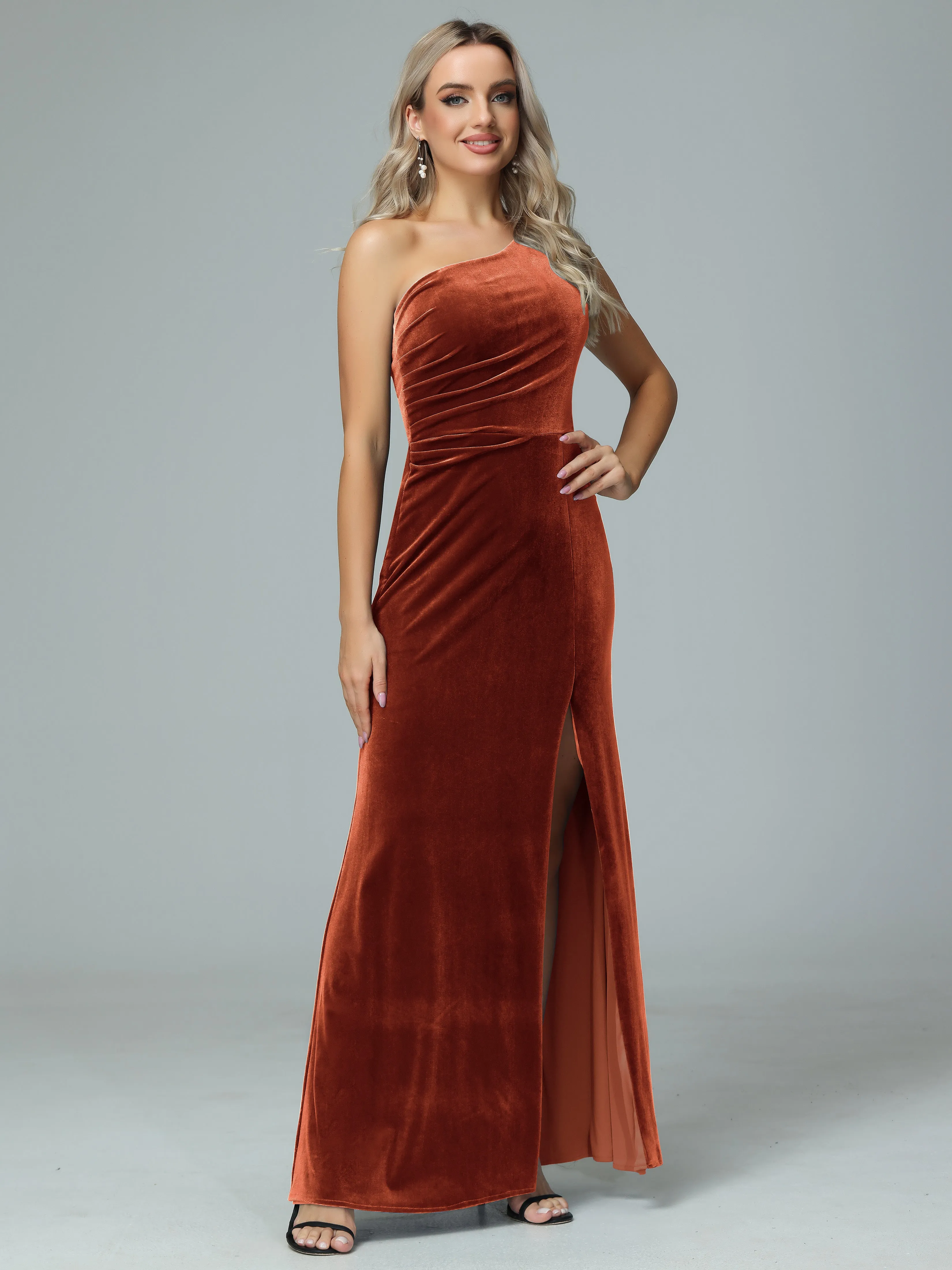 One Shoulder Velvet Winter Formal Bridesmaid Dresses