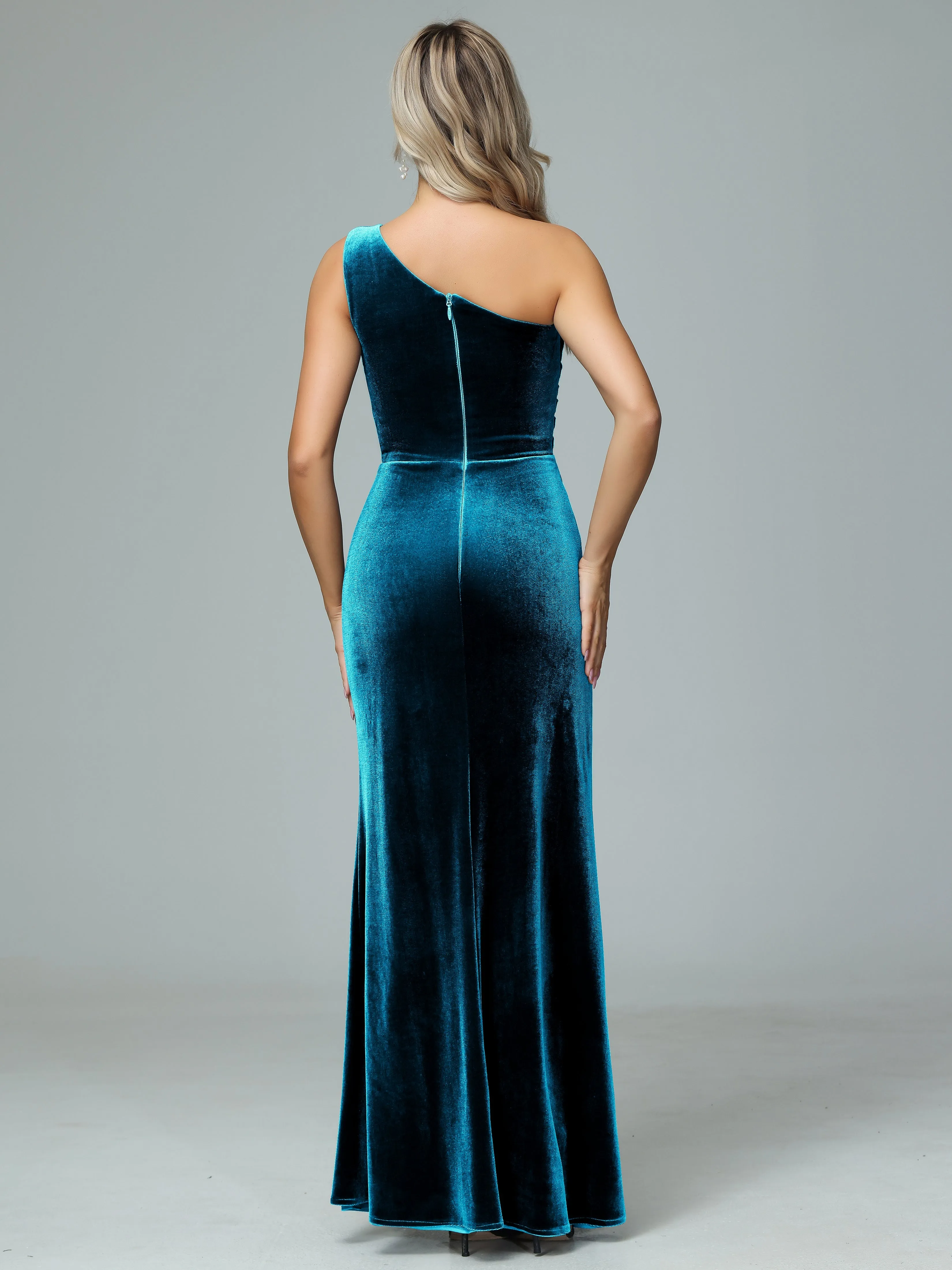 One Shoulder Velvet Winter Formal Bridesmaid Dresses