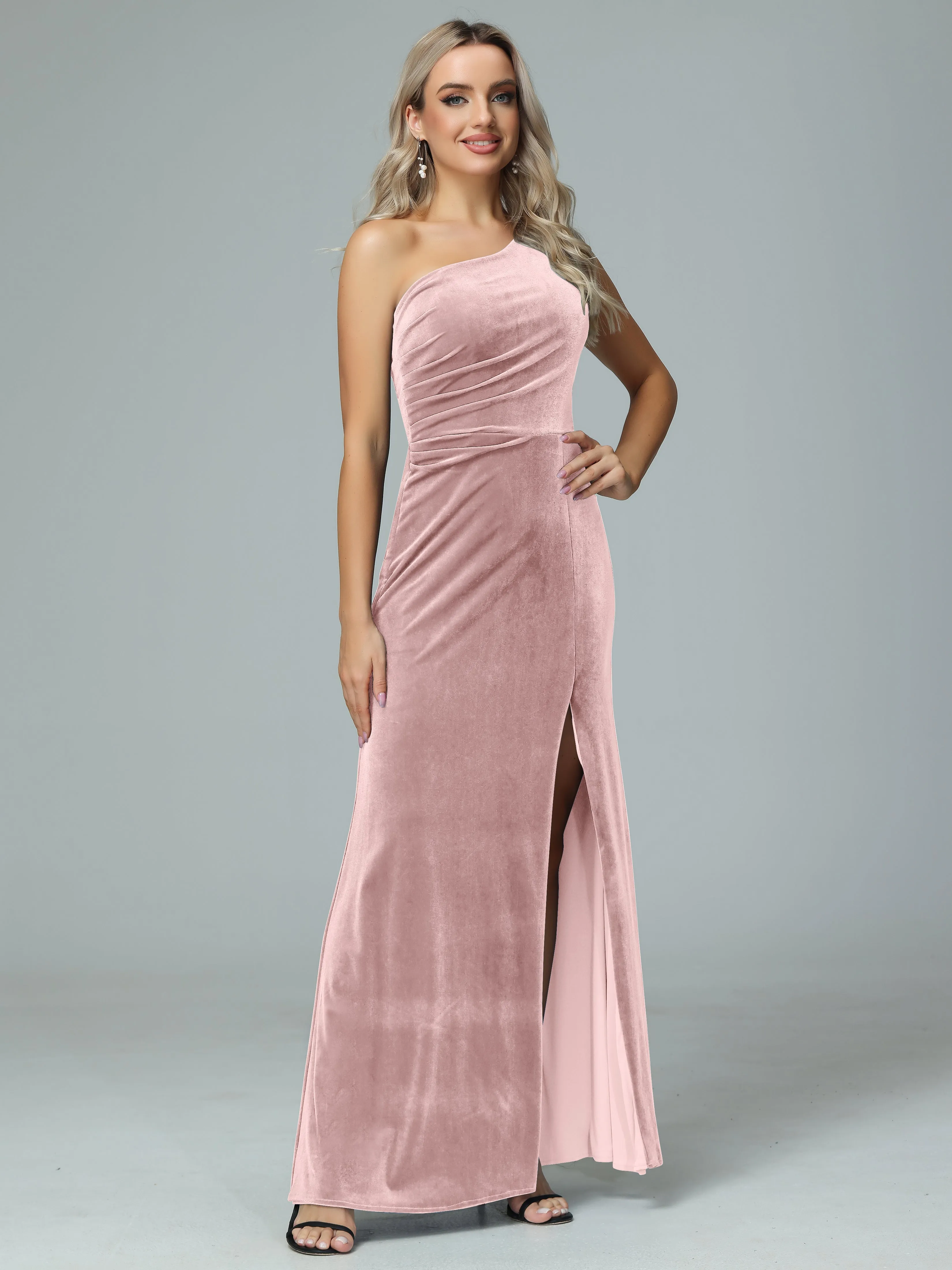 One Shoulder Velvet Winter Formal Bridesmaid Dresses