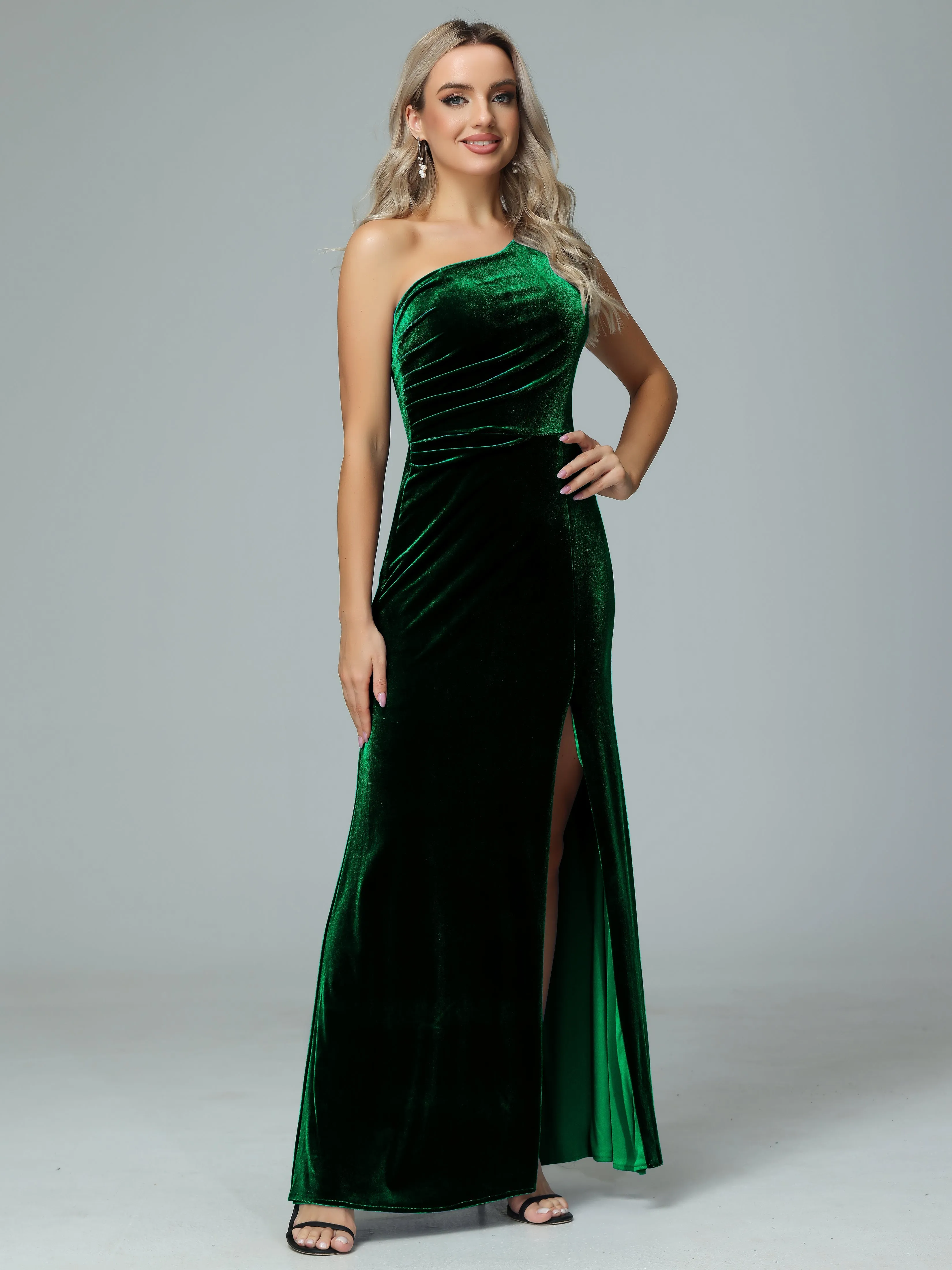 One Shoulder Velvet Winter Formal Bridesmaid Dresses
