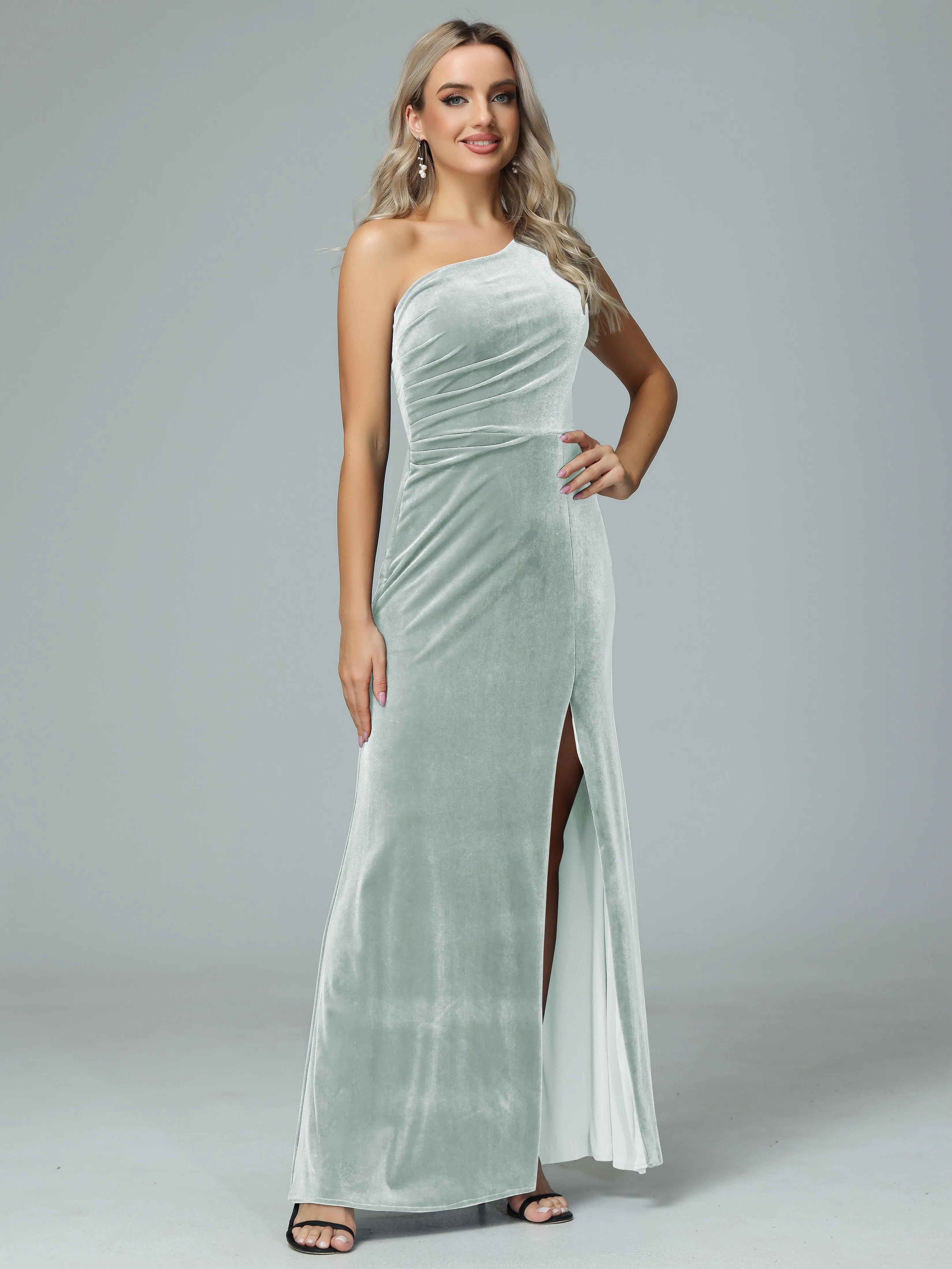 One Shoulder Velvet Winter Formal Bridesmaid Dresses