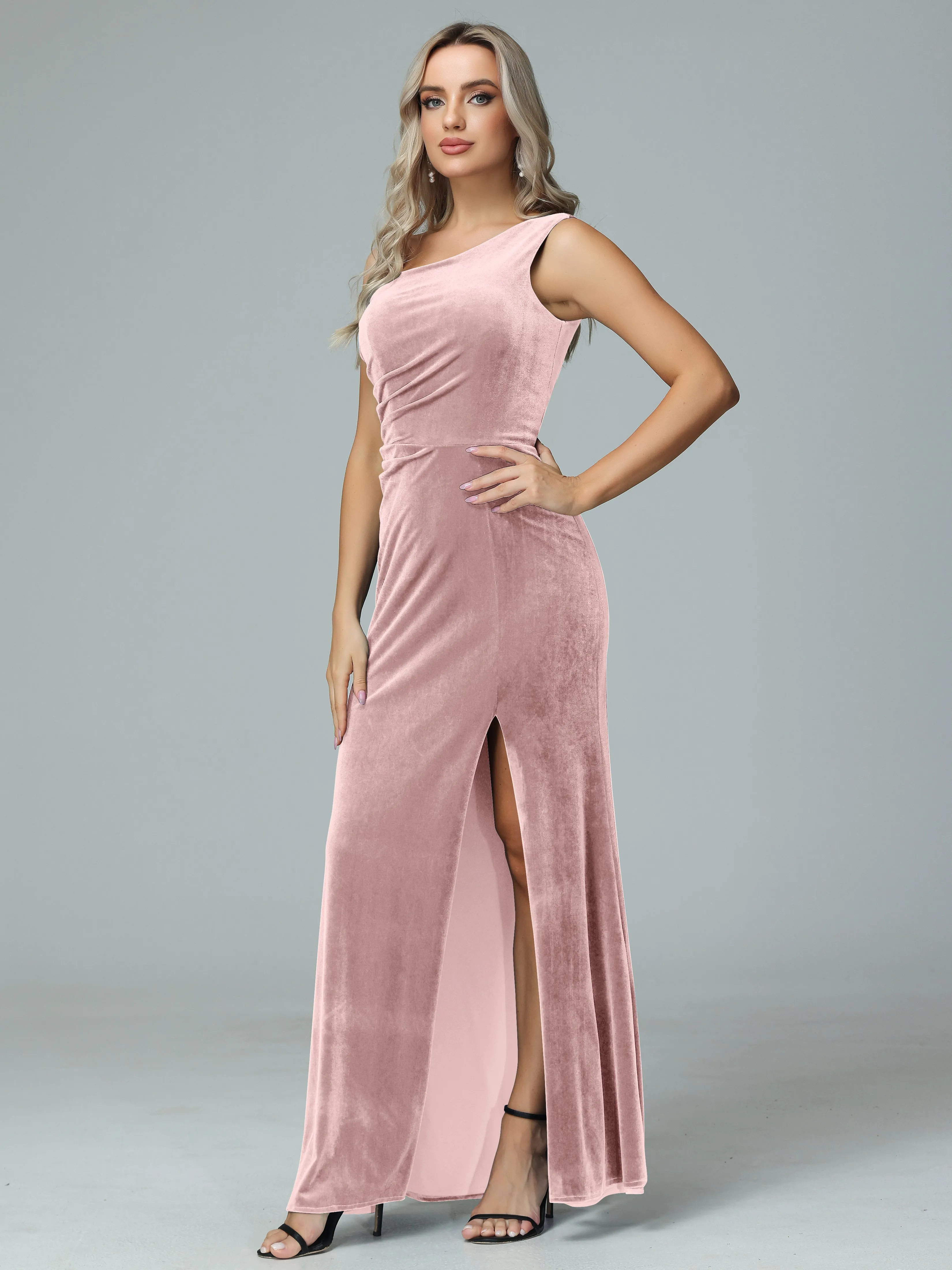 One Shoulder Velvet Winter Formal Bridesmaid Dresses