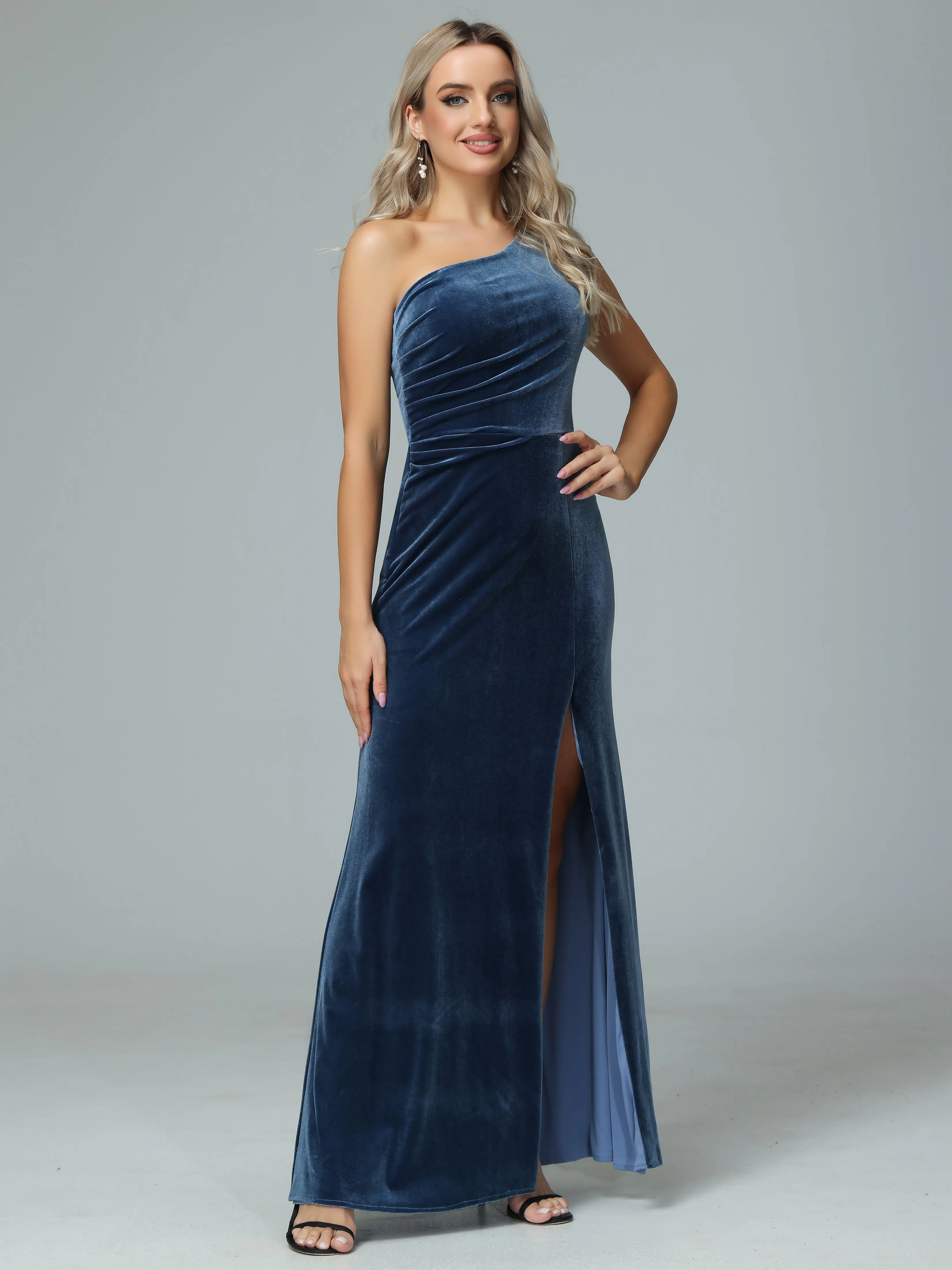 One Shoulder Velvet Winter Formal Bridesmaid Dresses