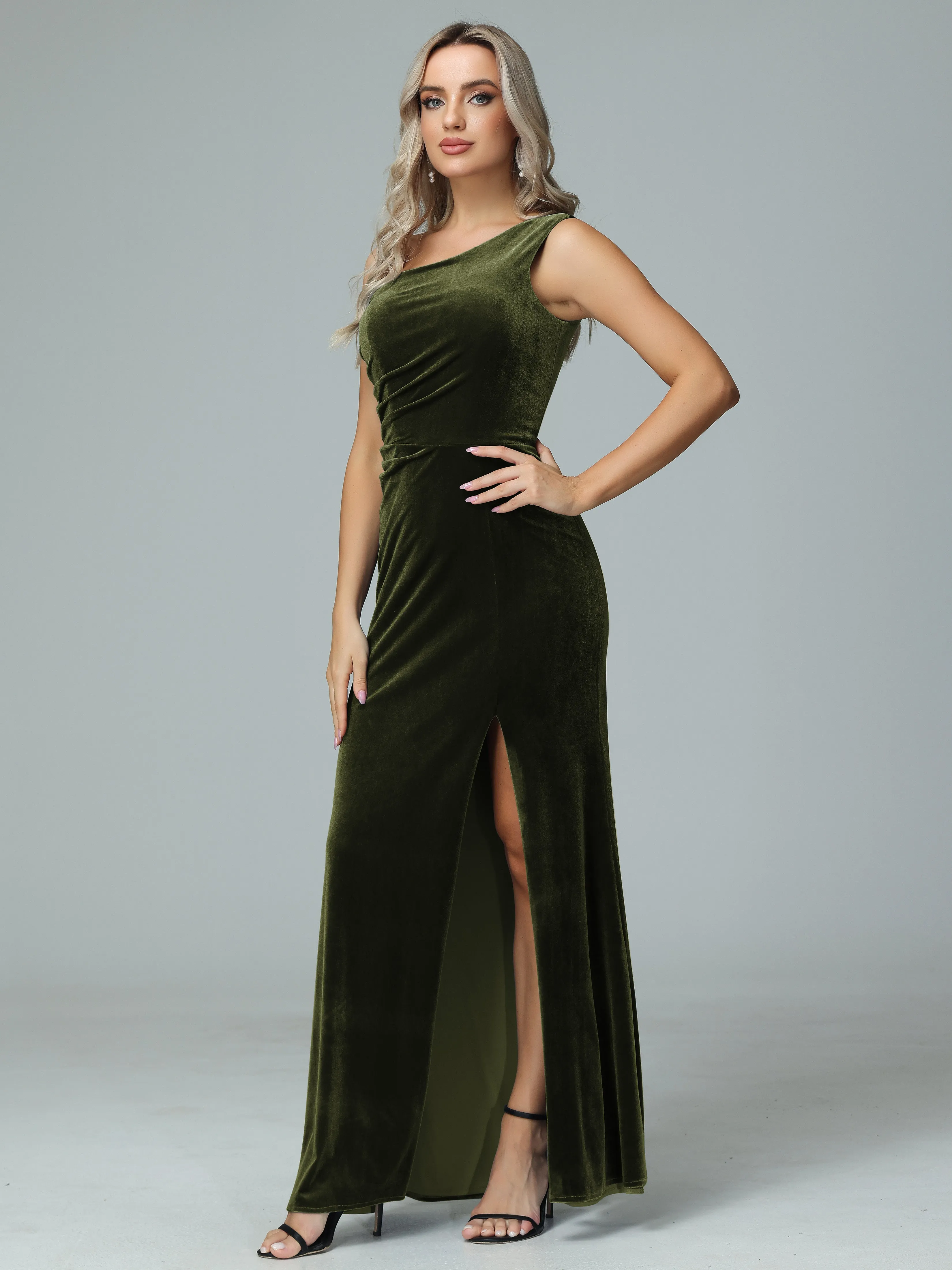 One Shoulder Velvet Winter Formal Bridesmaid Dresses