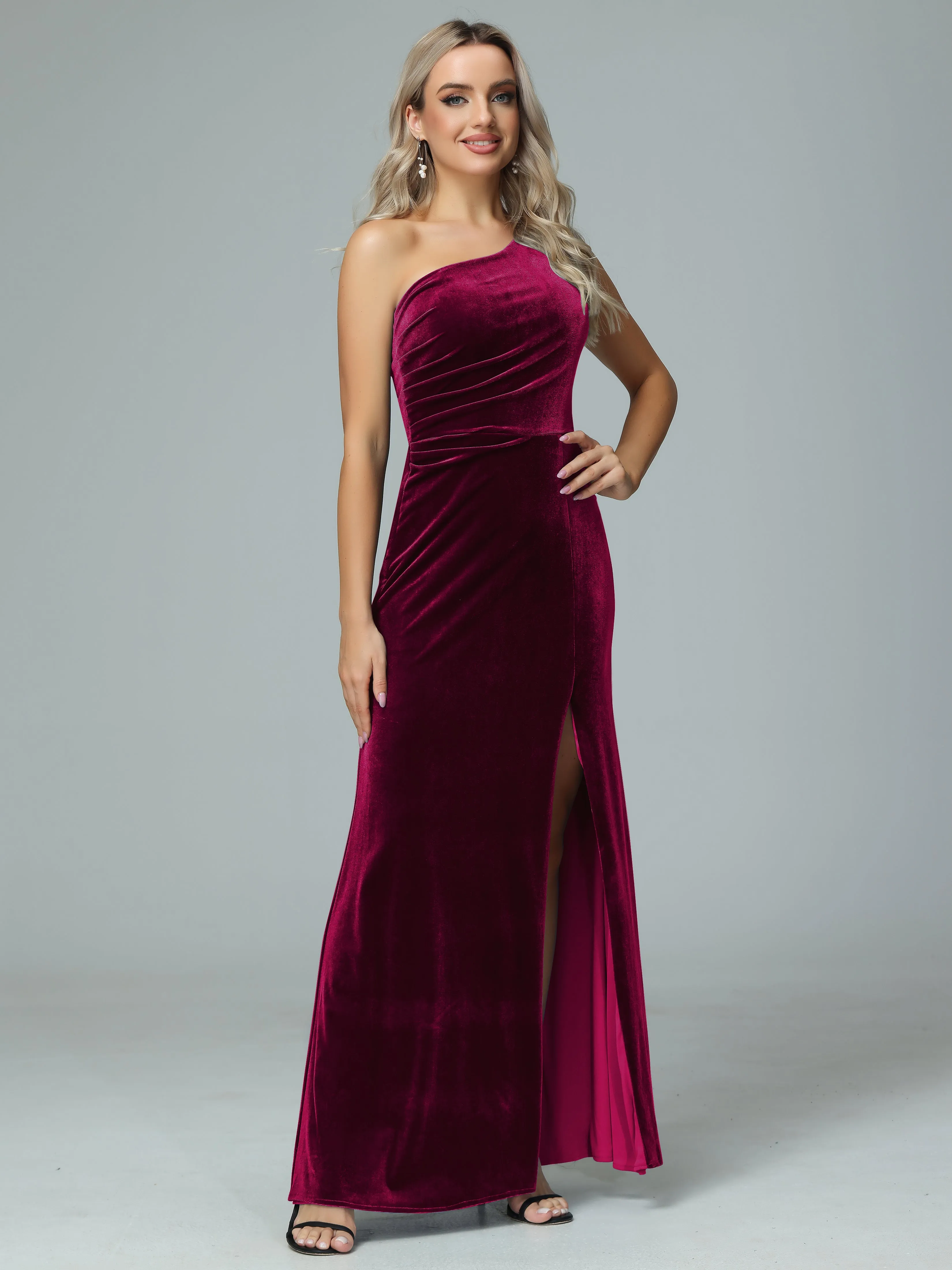 One Shoulder Velvet Winter Formal Bridesmaid Dresses