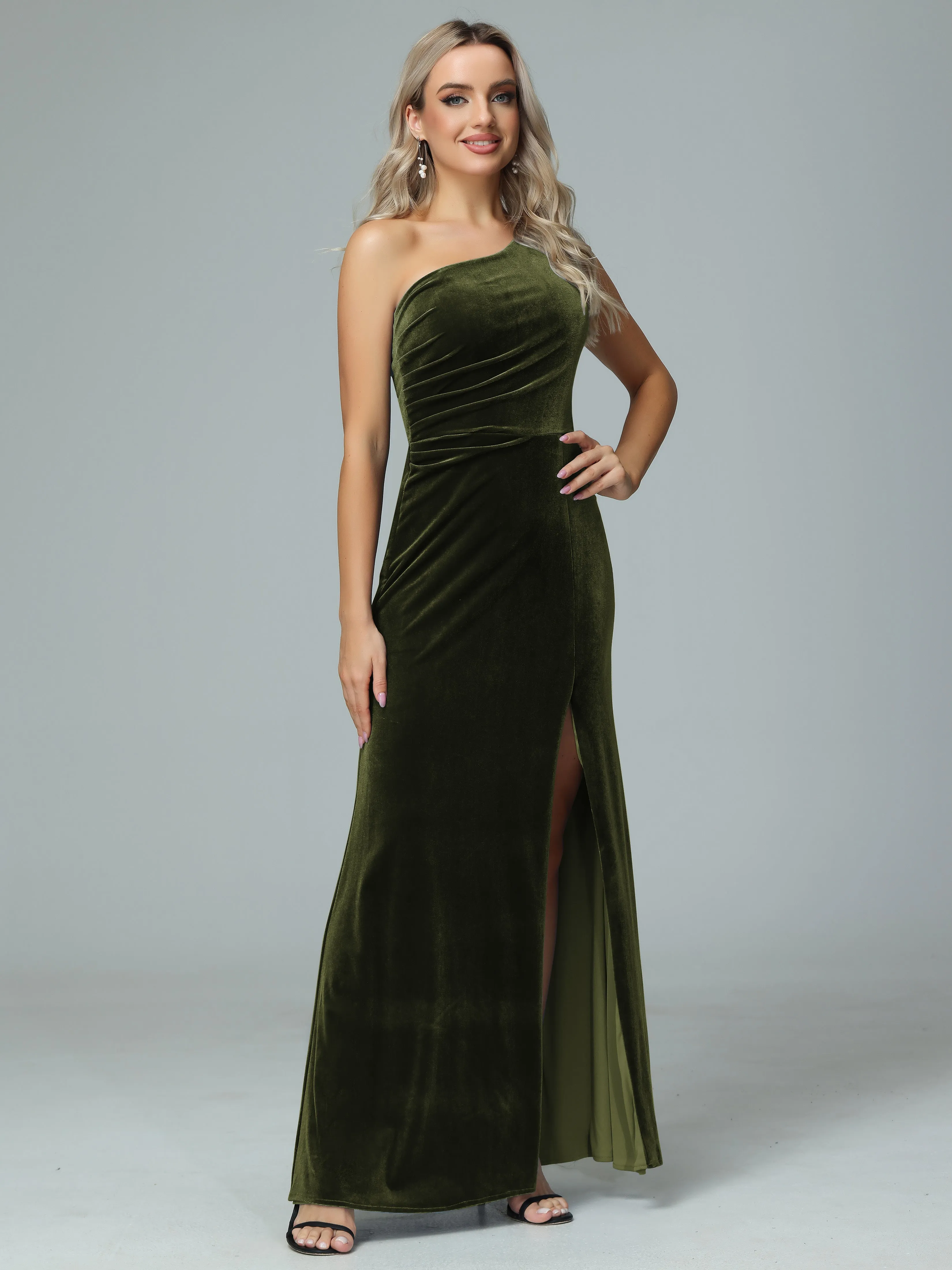 One Shoulder Velvet Winter Formal Bridesmaid Dresses
