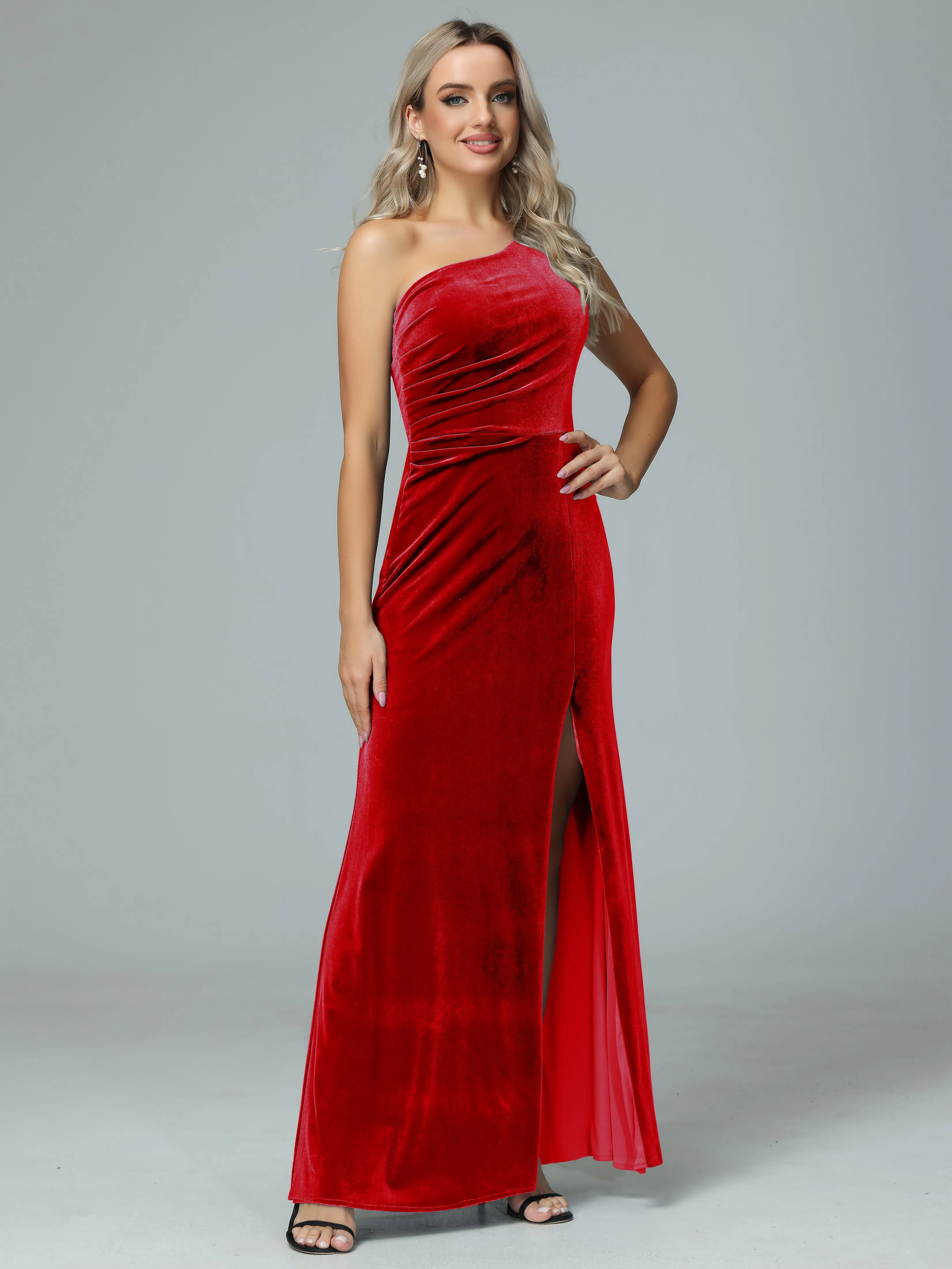 One Shoulder Velvet Winter Formal Bridesmaid Dresses