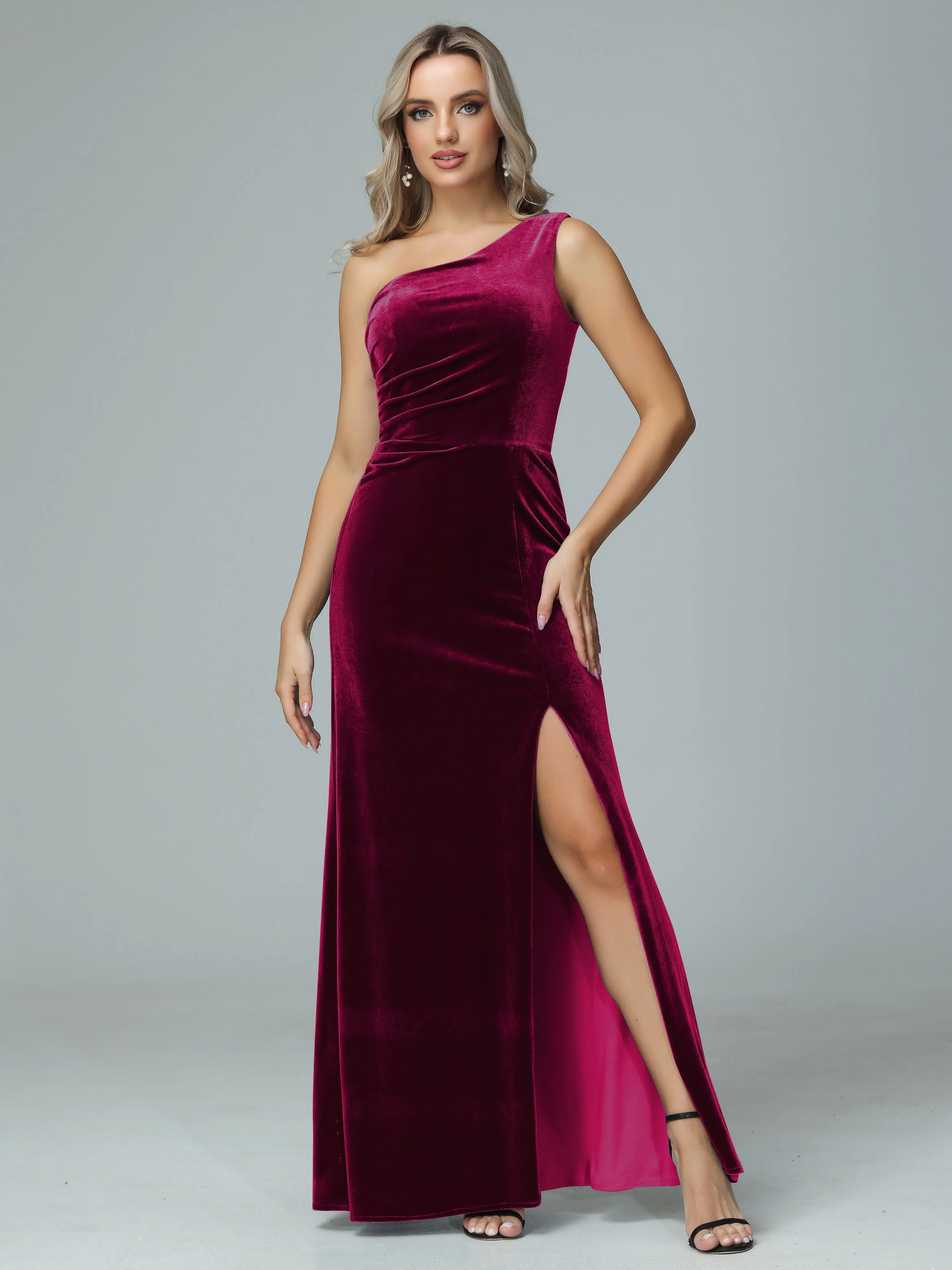 One Shoulder Velvet Winter Formal Bridesmaid Dresses