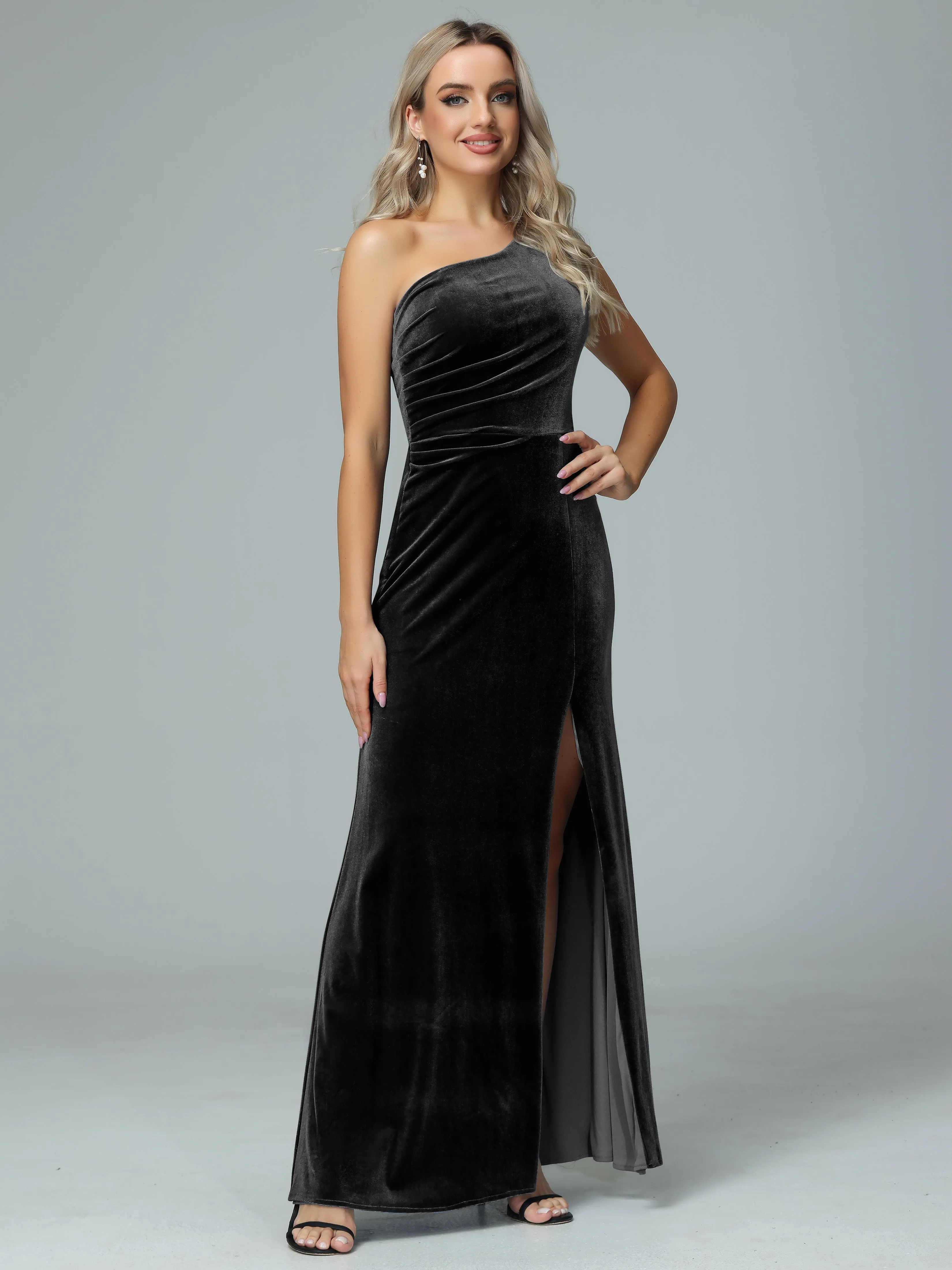 One Shoulder Velvet Winter Formal Bridesmaid Dresses