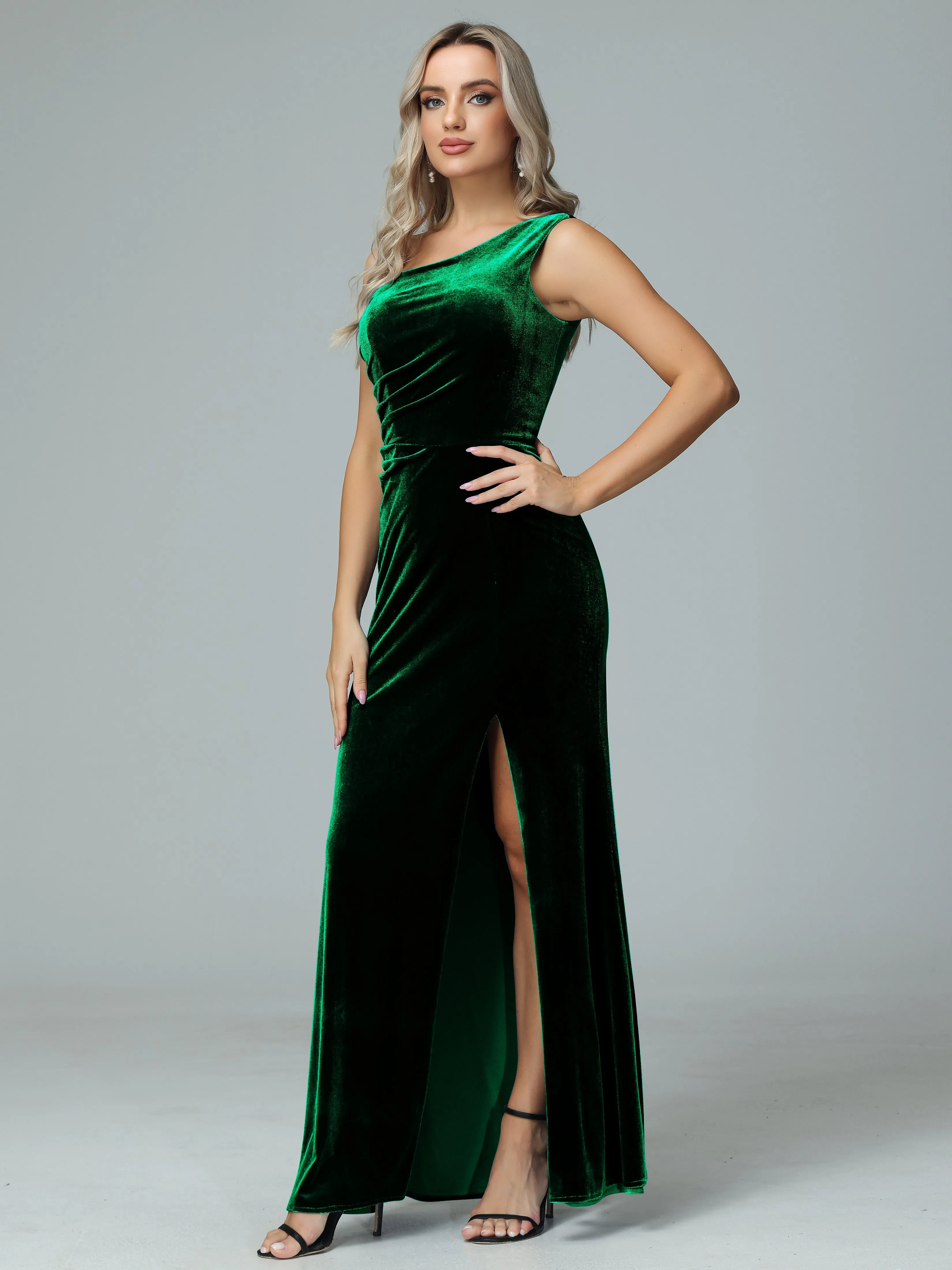 One Shoulder Velvet Winter Formal Bridesmaid Dresses