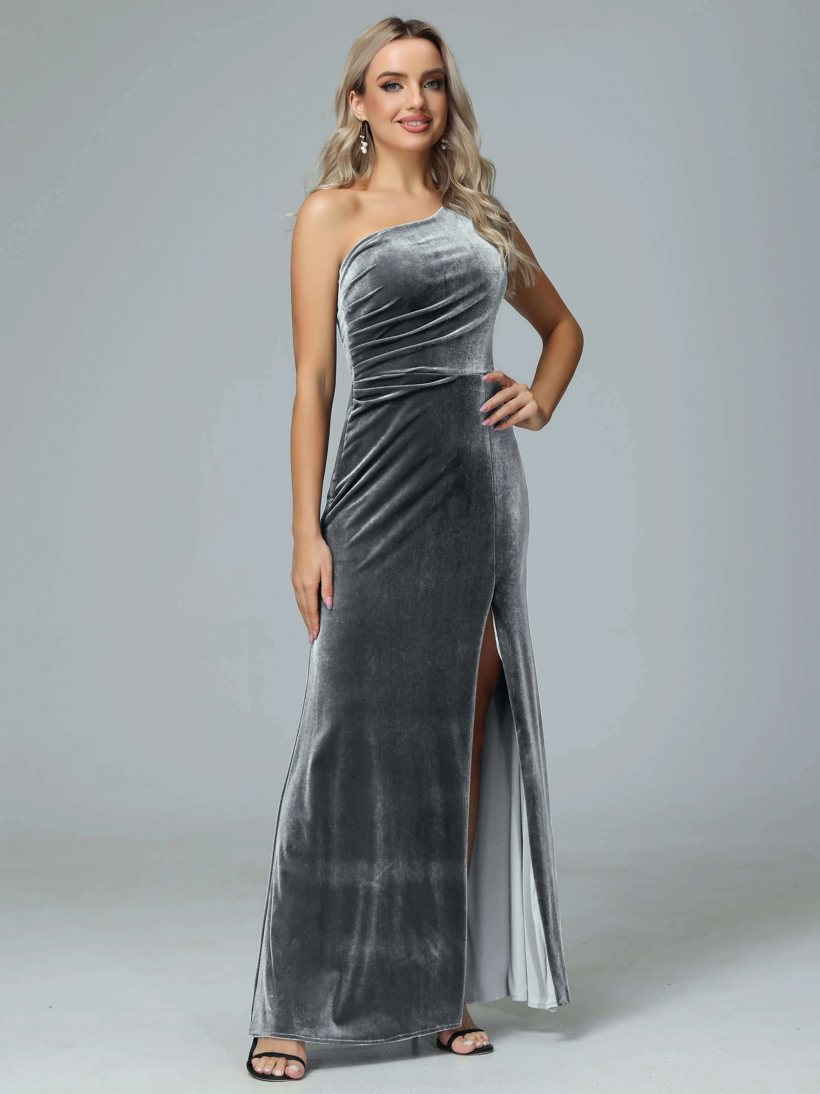 One Shoulder Velvet Winter Formal Bridesmaid Dresses