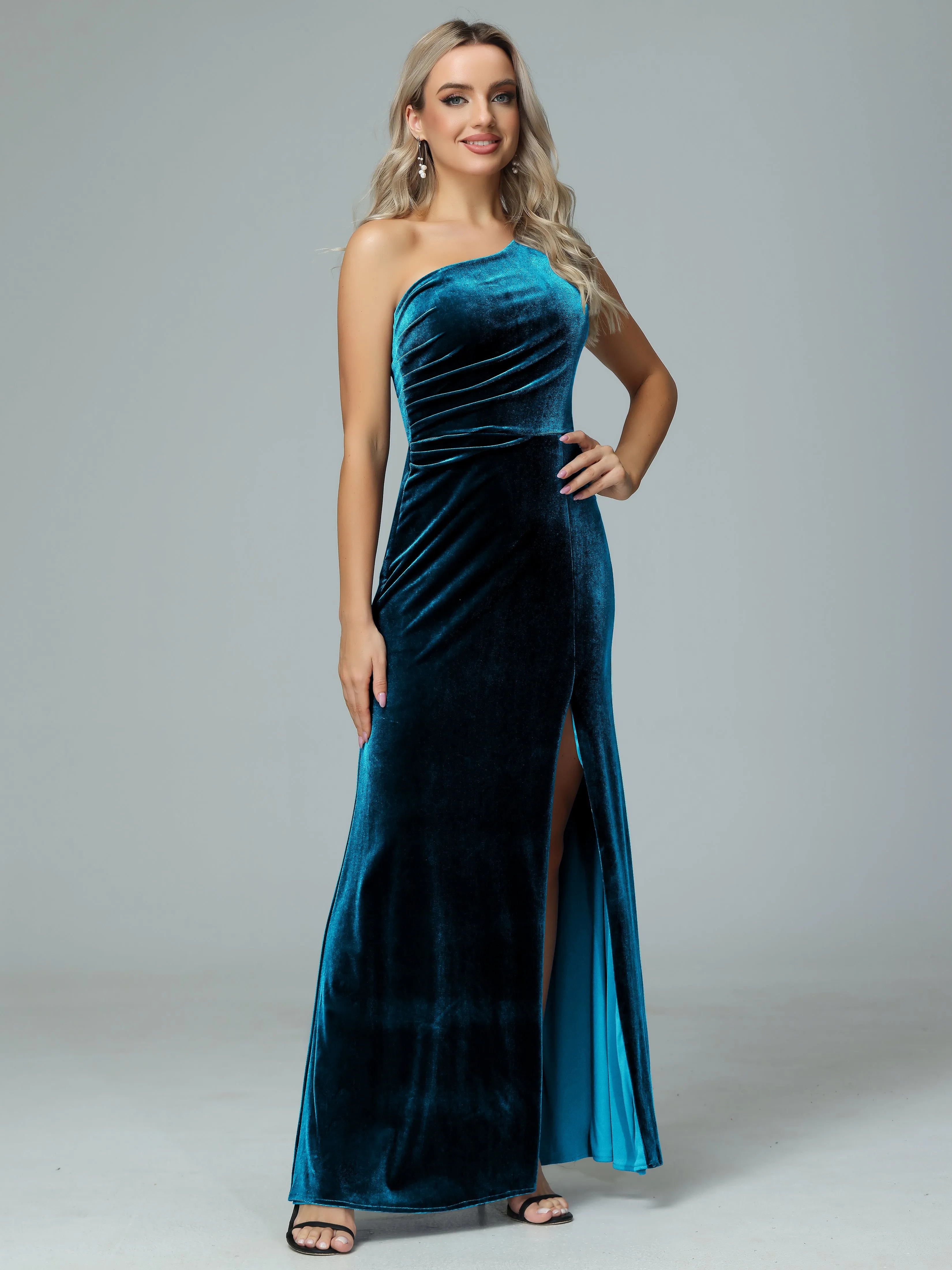 One Shoulder Velvet Winter Formal Bridesmaid Dresses