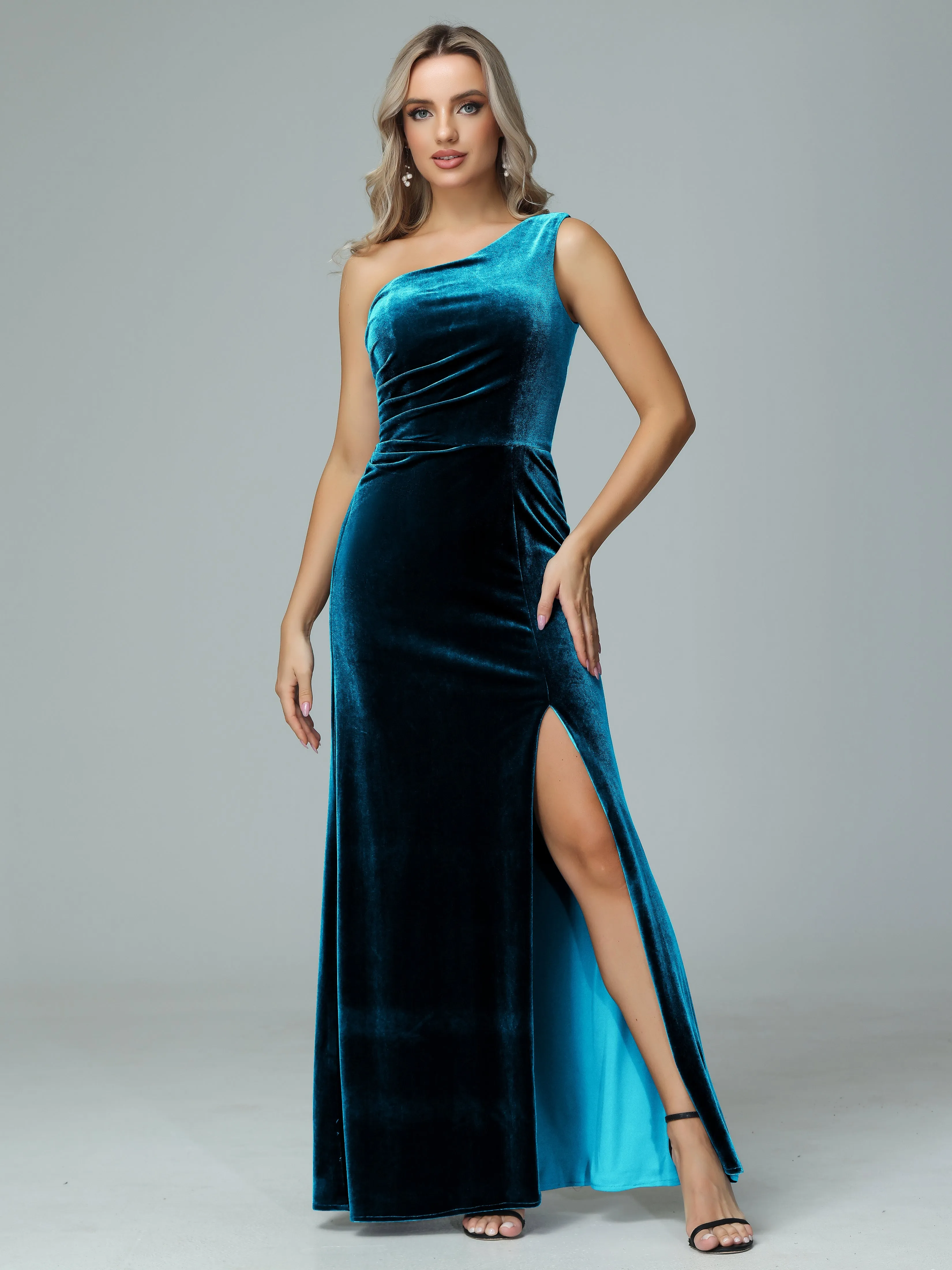 One Shoulder Velvet Winter Formal Bridesmaid Dresses