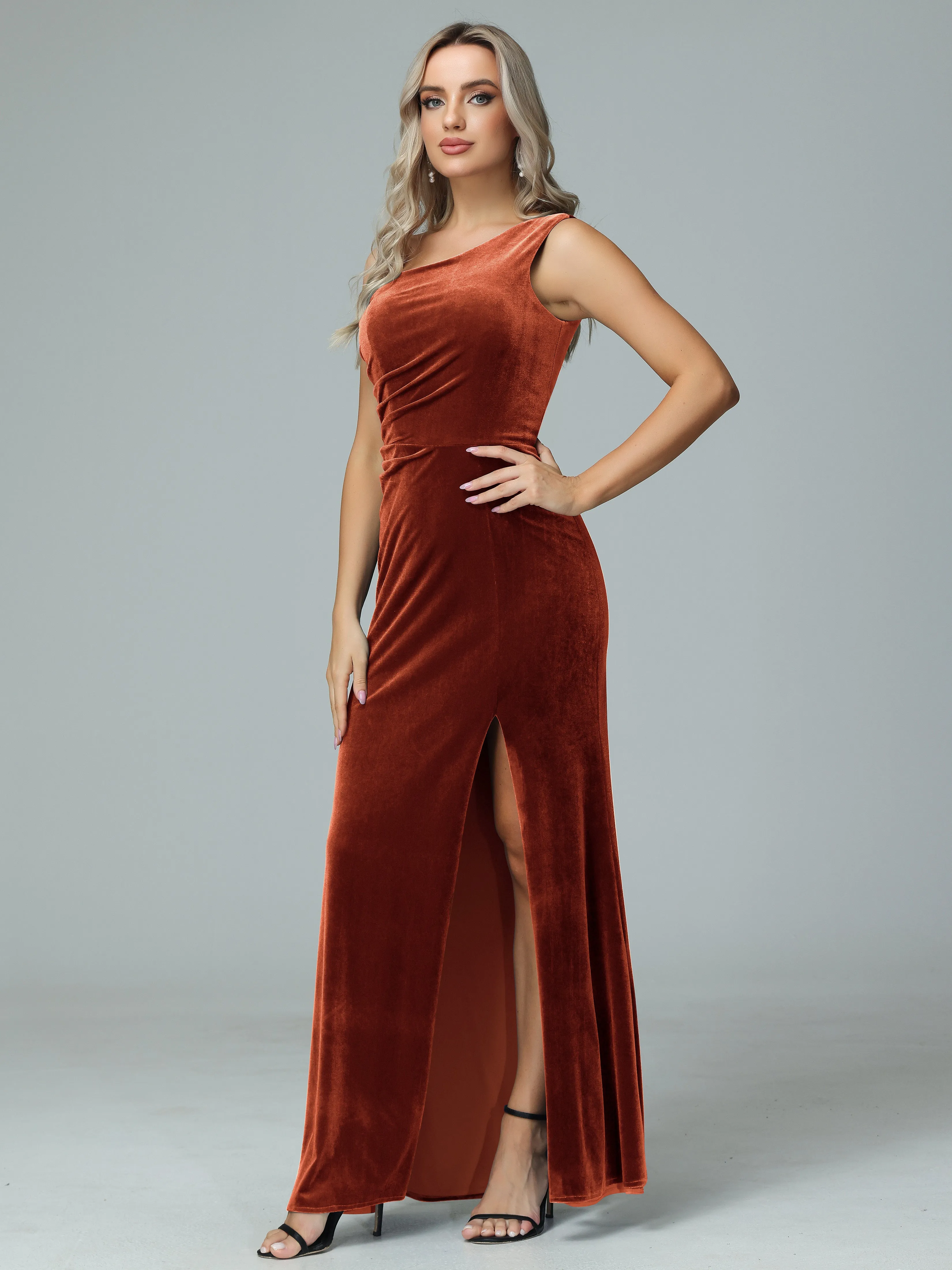 One Shoulder Velvet Winter Formal Bridesmaid Dresses