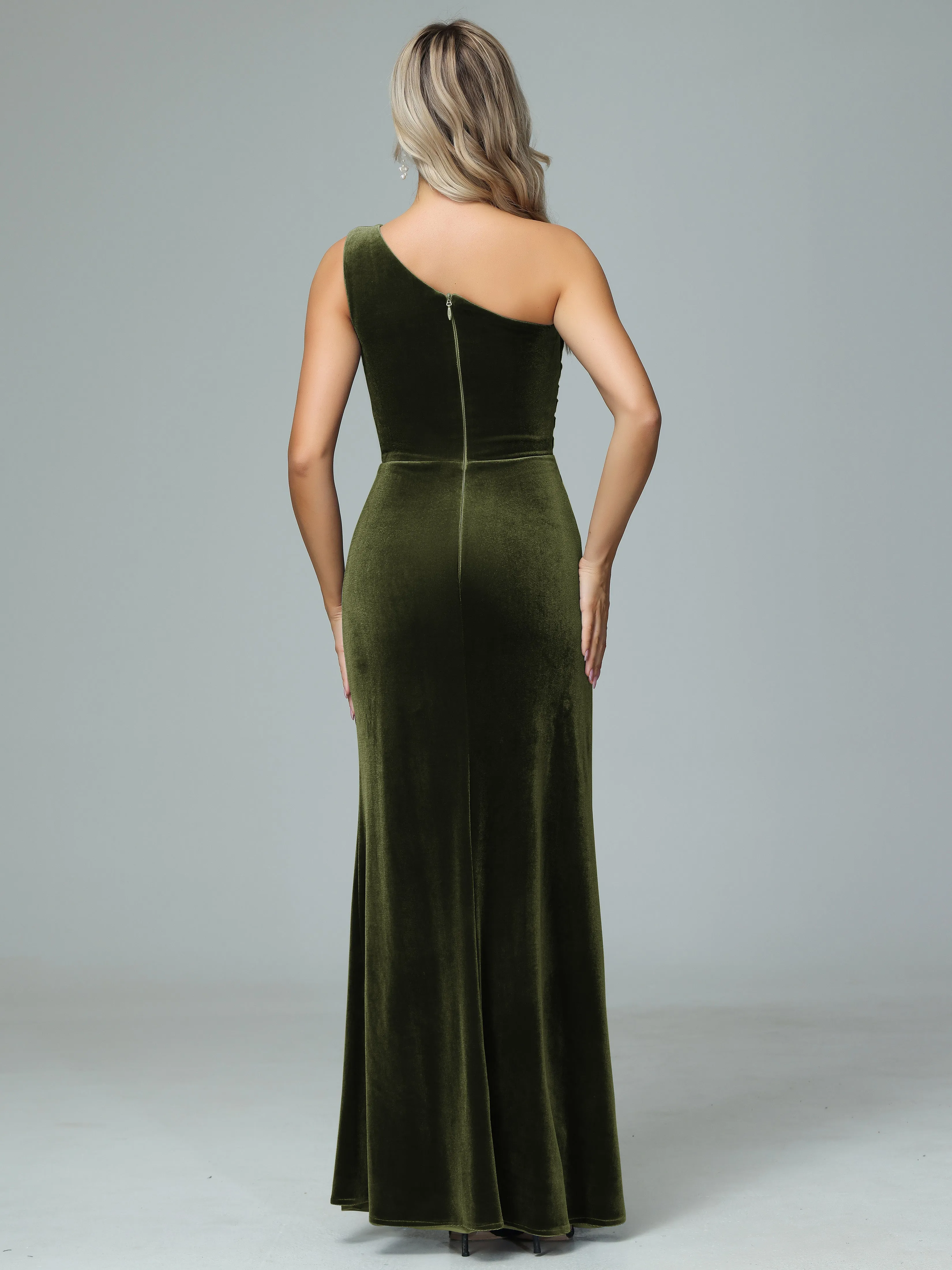 One Shoulder Velvet Winter Formal Bridesmaid Dresses