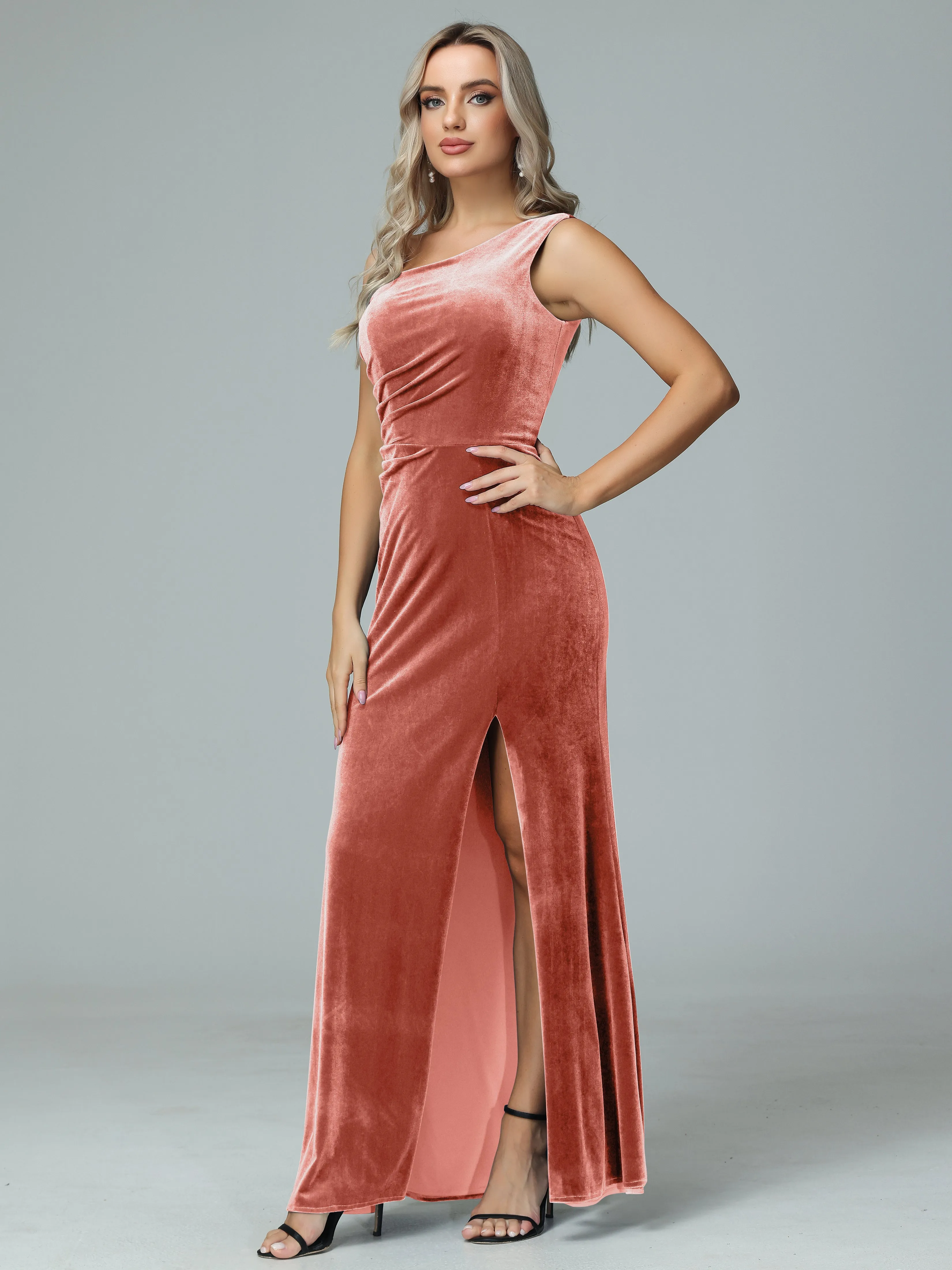 One Shoulder Velvet Winter Formal Bridesmaid Dresses