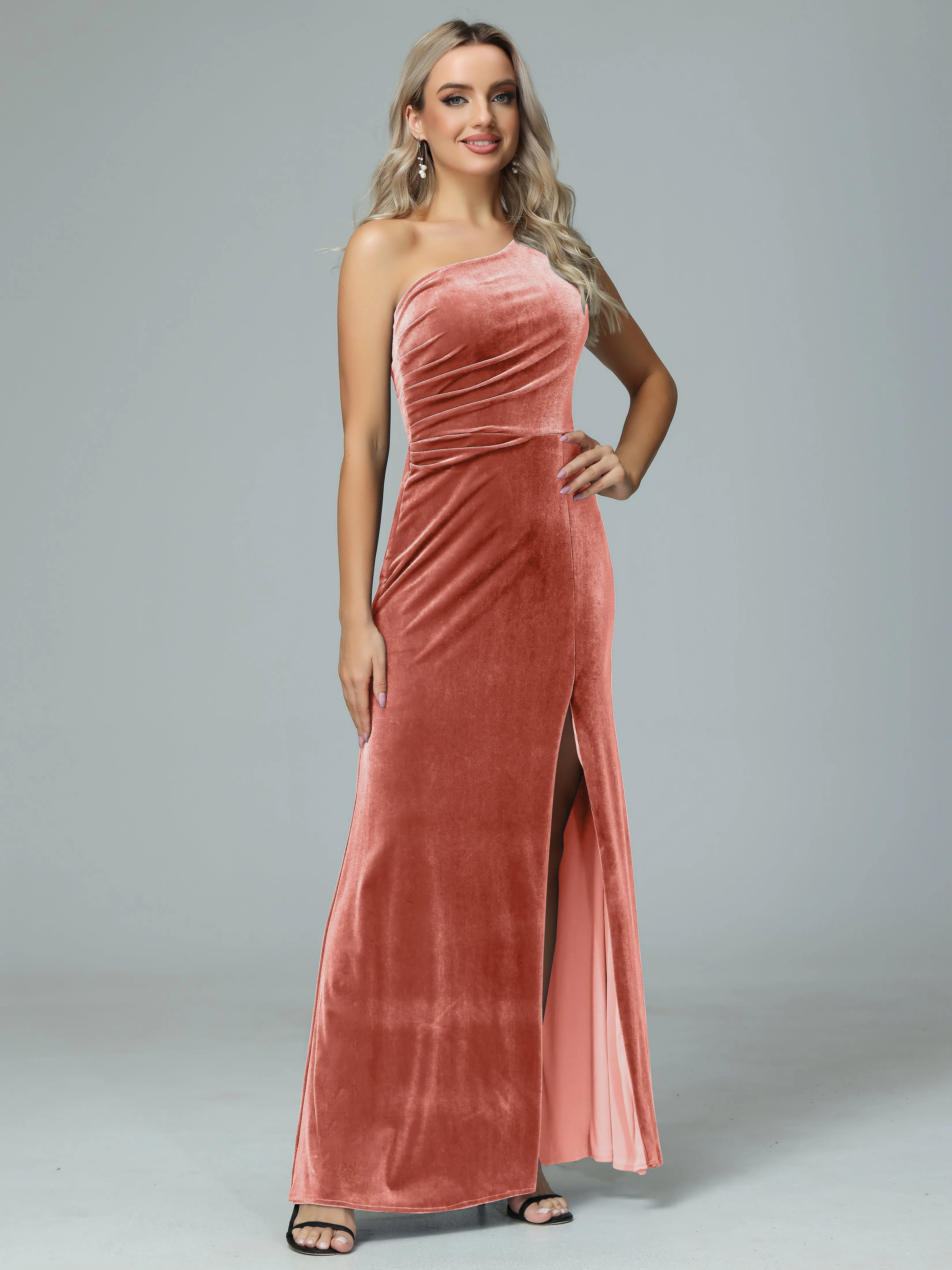 One Shoulder Velvet Winter Formal Bridesmaid Dresses
