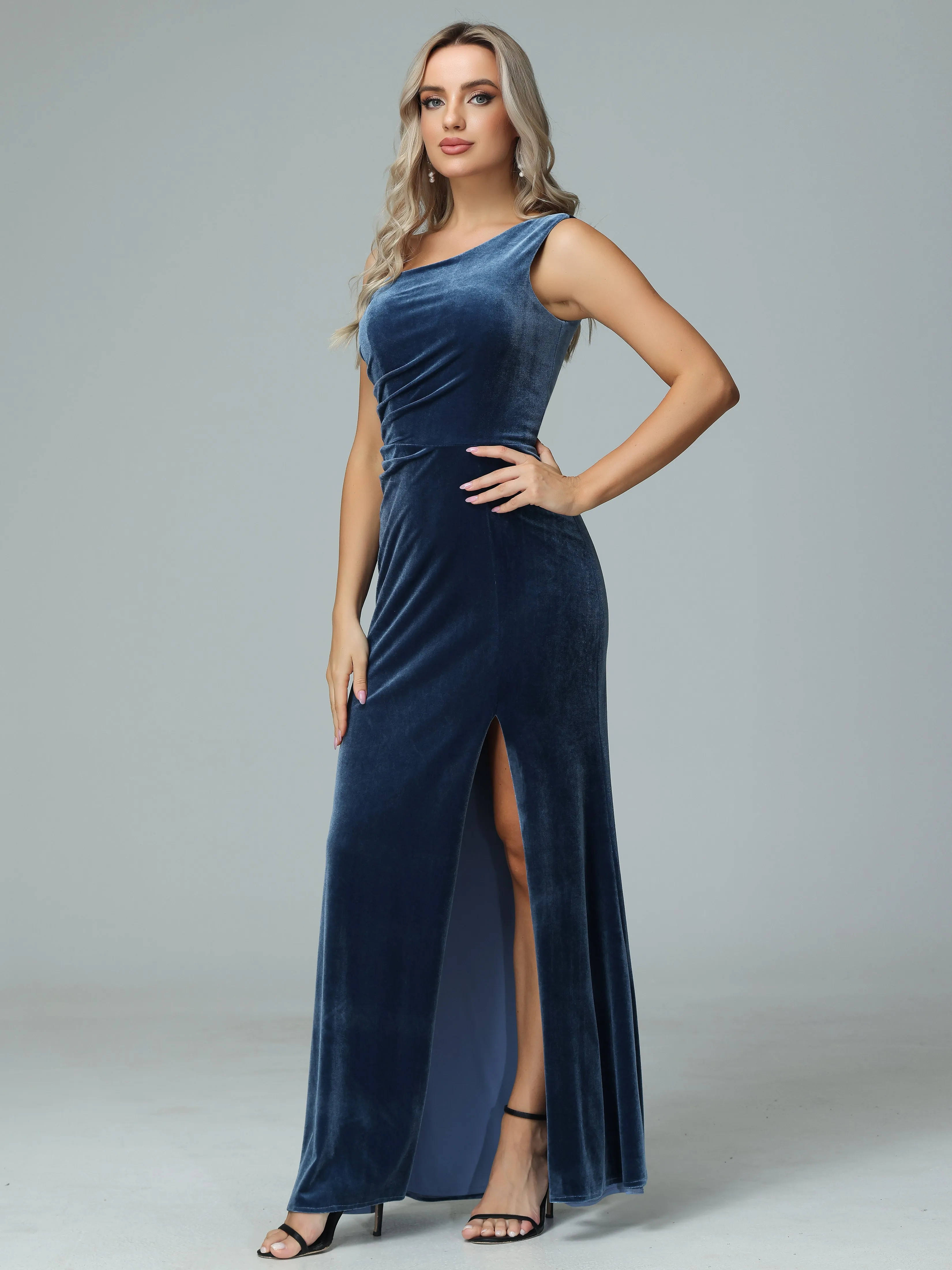 One Shoulder Velvet Winter Formal Bridesmaid Dresses