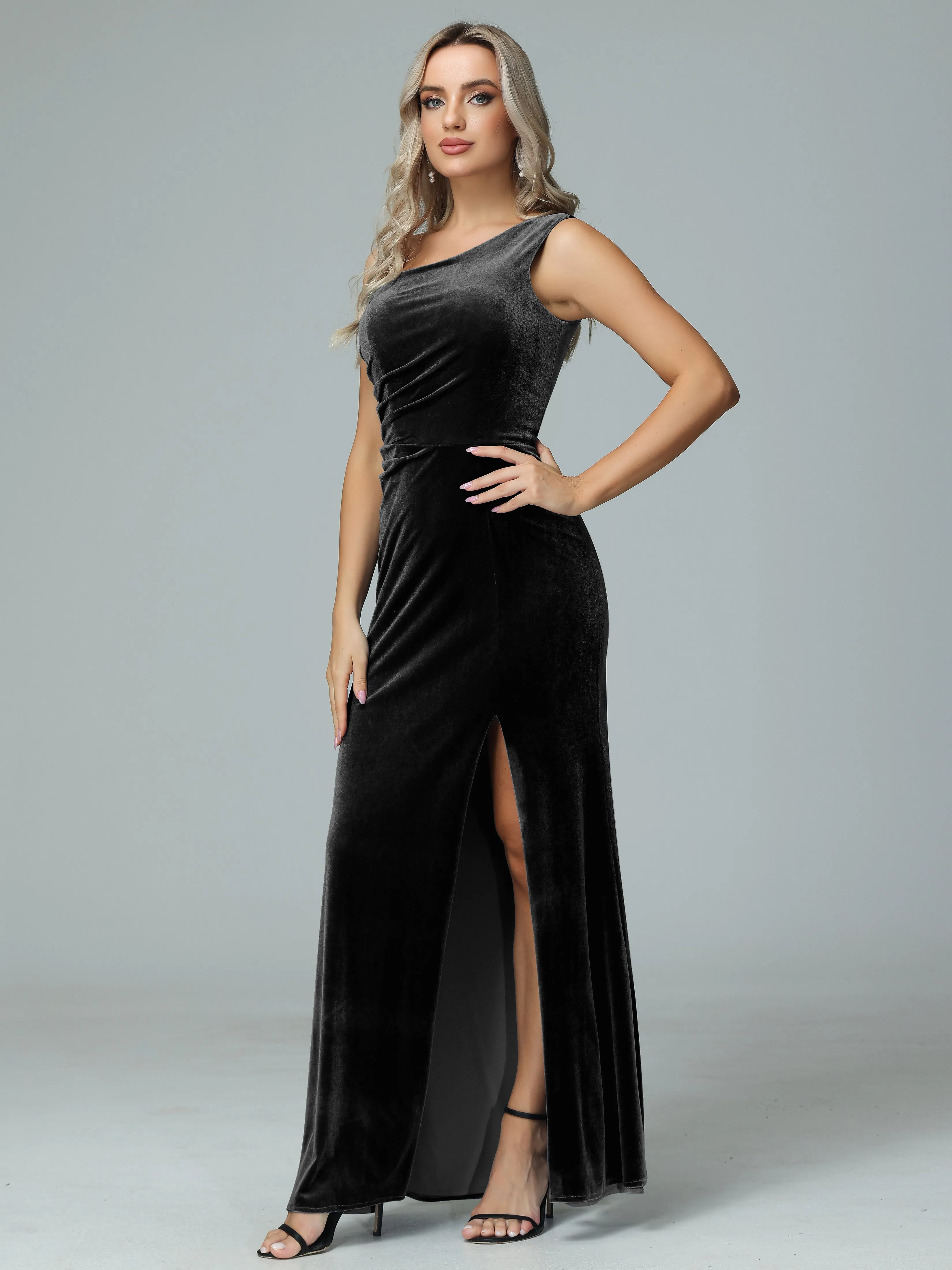 One Shoulder Velvet Winter Formal Bridesmaid Dresses
