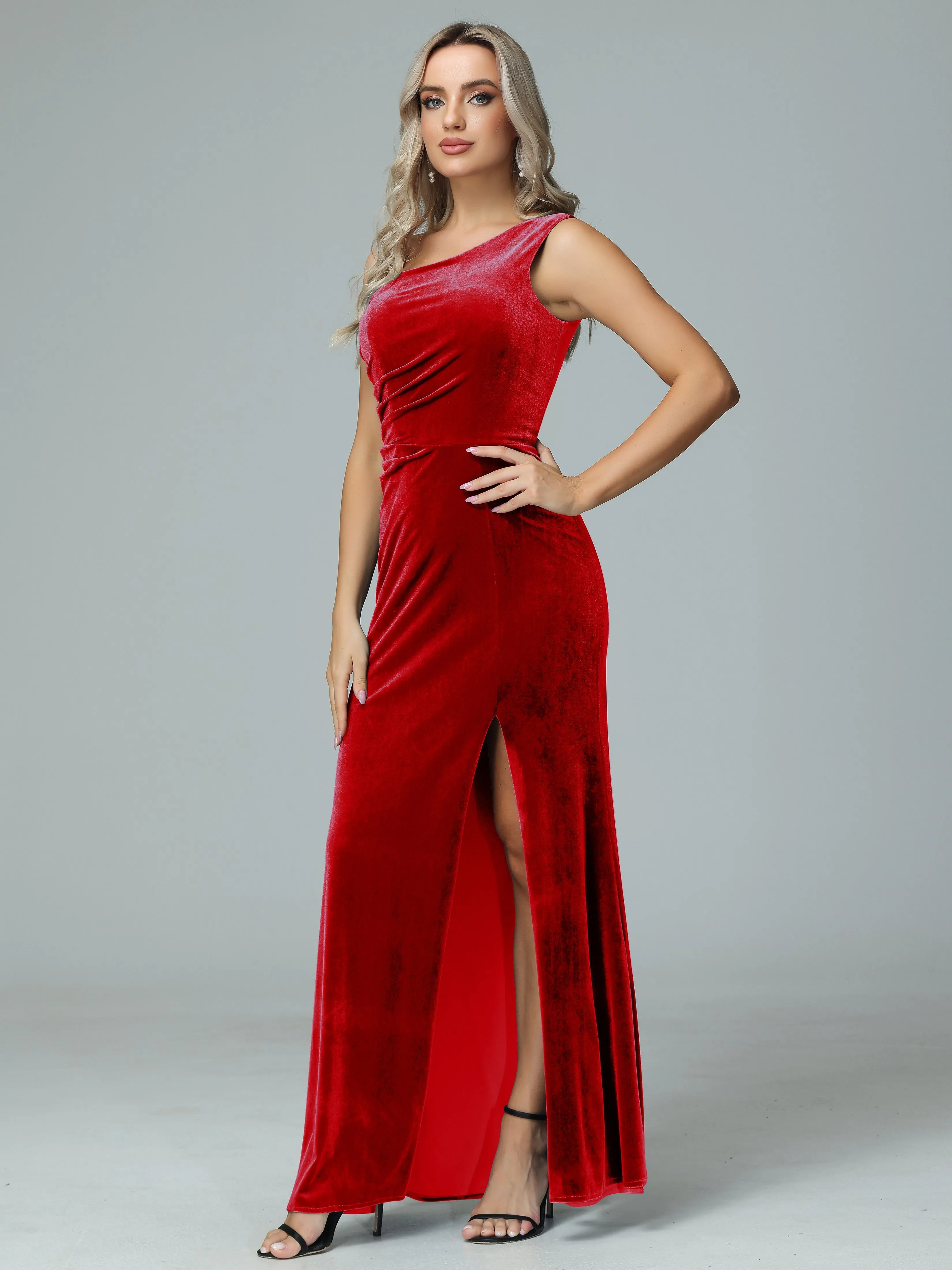 One Shoulder Velvet Winter Formal Bridesmaid Dresses