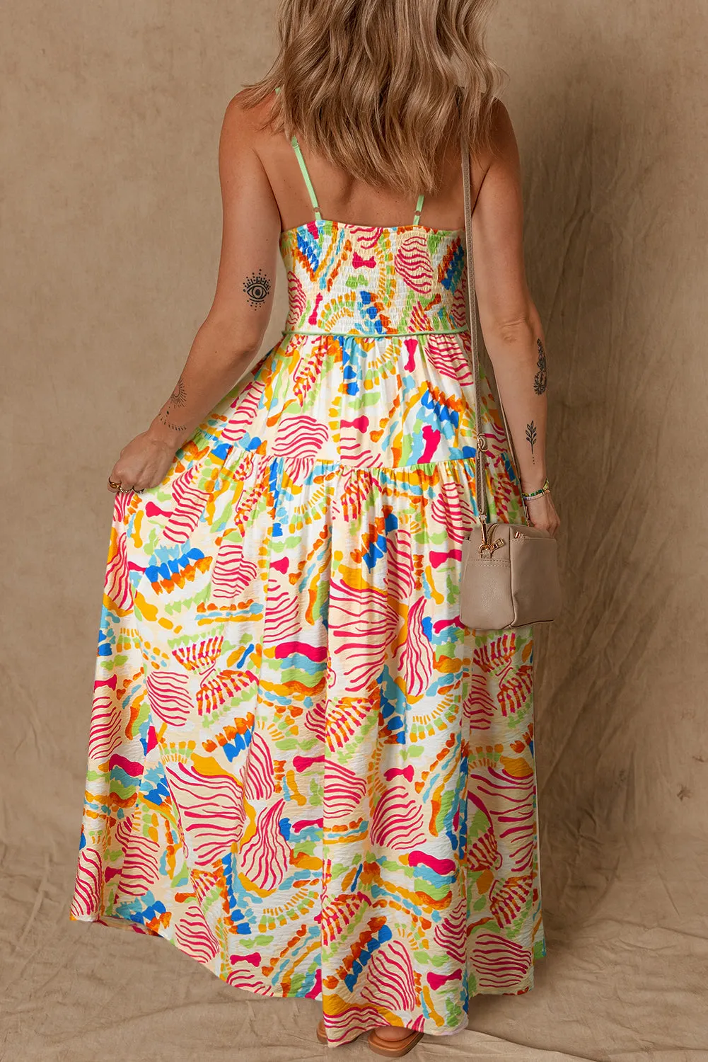 Orange Abstract Print Spaghetti Strap Piping Detail Maxi Dres