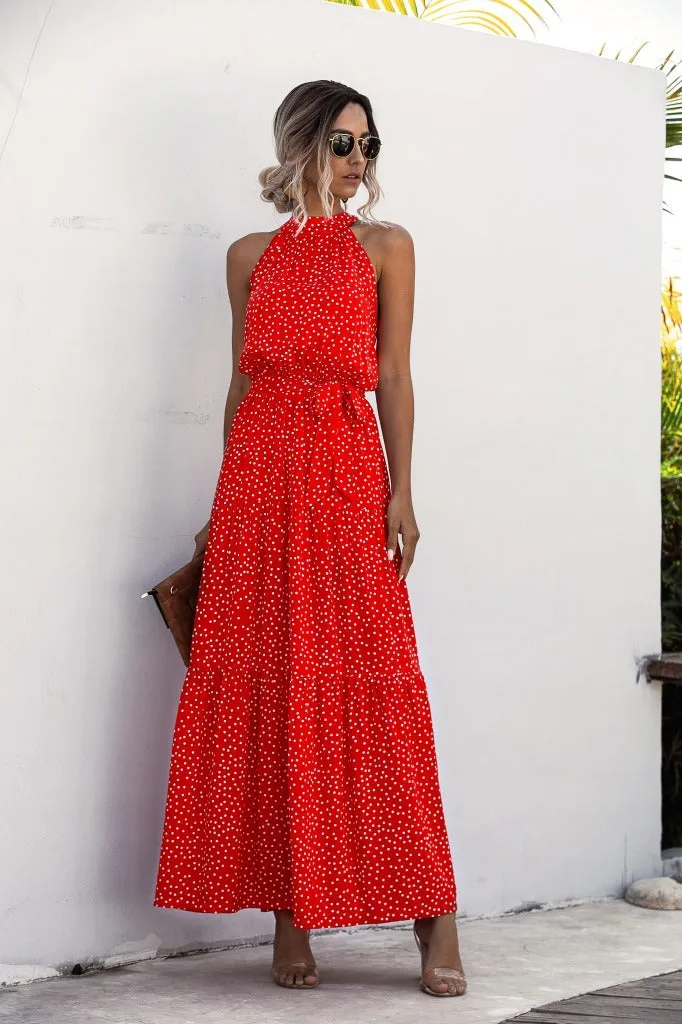 Orange Wave Bohemian Boho Printed Hanging Neck Straps Maxi Dresses