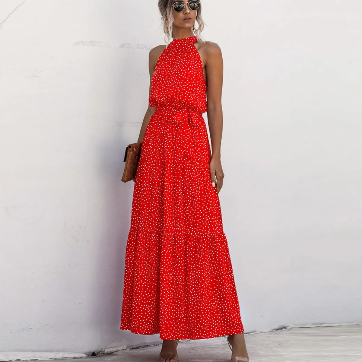Orange Wave Bohemian Boho Printed Hanging Neck Straps Maxi Dresses