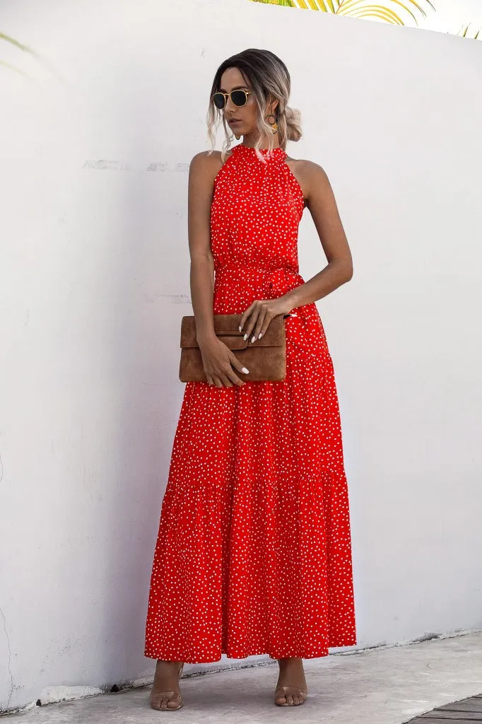 Orange Wave Bohemian Boho Printed Hanging Neck Straps Maxi Dresses