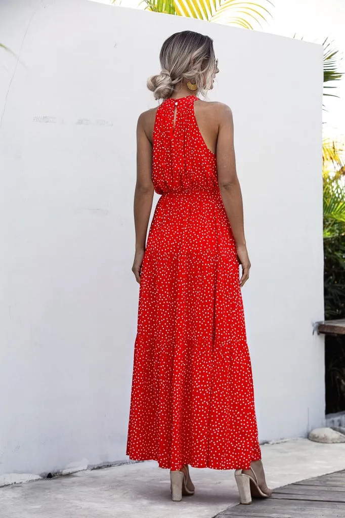 Orange Wave Bohemian Boho Printed Hanging Neck Straps Maxi Dresses