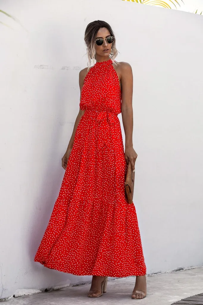 Orange Wave Bohemian Boho Printed Hanging Neck Straps Maxi Dresses