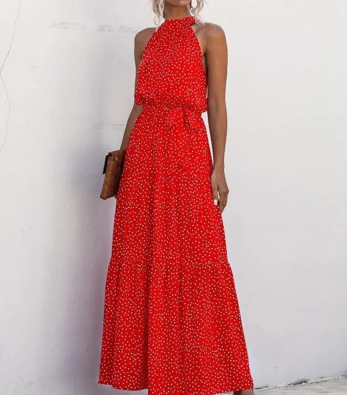 Orange Wave Bohemian Boho Printed Hanging Neck Straps Maxi Dresses
