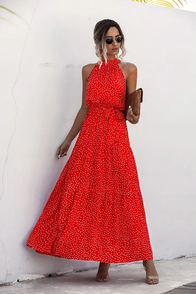 Orange Wave Bohemian Boho Printed Hanging Neck Straps Maxi Dresses