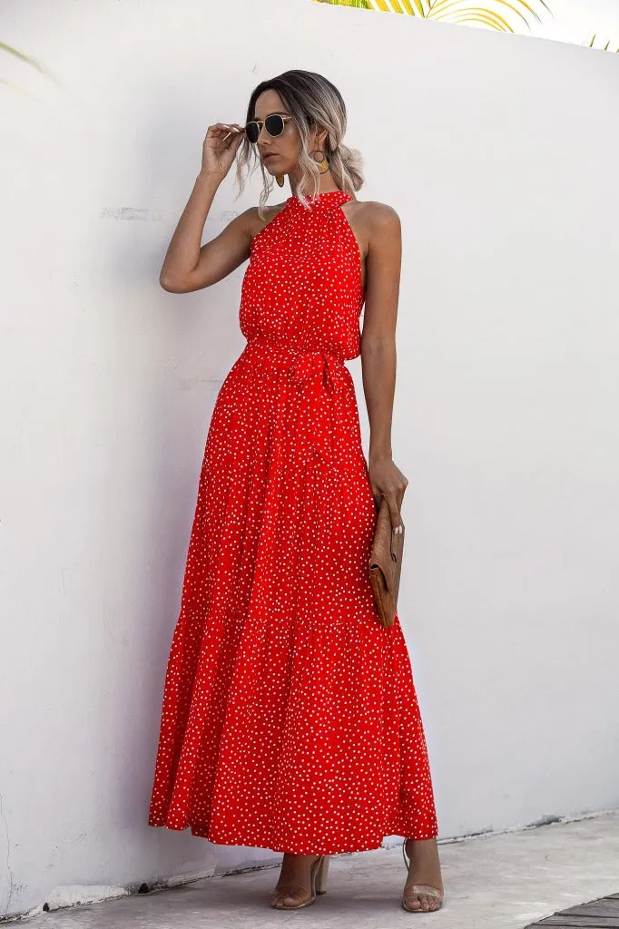 Orange Wave Bohemian Boho Printed Hanging Neck Straps Maxi Dresses