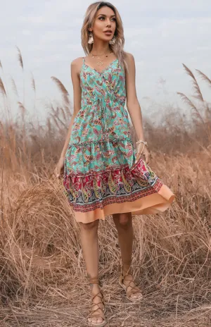 Paisley Print Boho Slip Dress with V-Neck and Tiered Hem