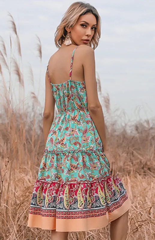 Paisley Print Boho Slip Dress with V-Neck and Tiered Hem