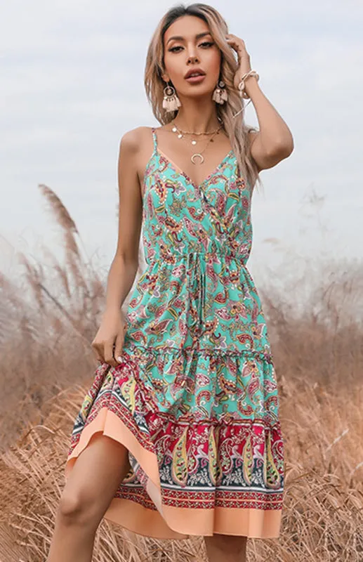Paisley Print Boho Slip Dress with V-Neck and Tiered Hem