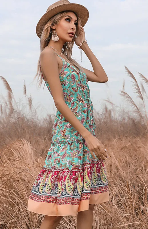 Paisley Print Boho Slip Dress with V-Neck and Tiered Hem