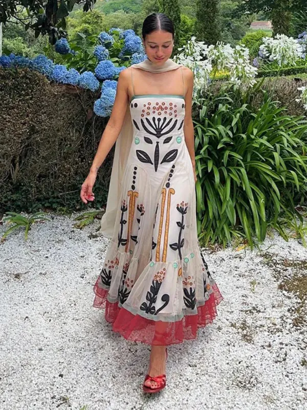 Patchwork Maxi Dress with Floral Geometric Design
