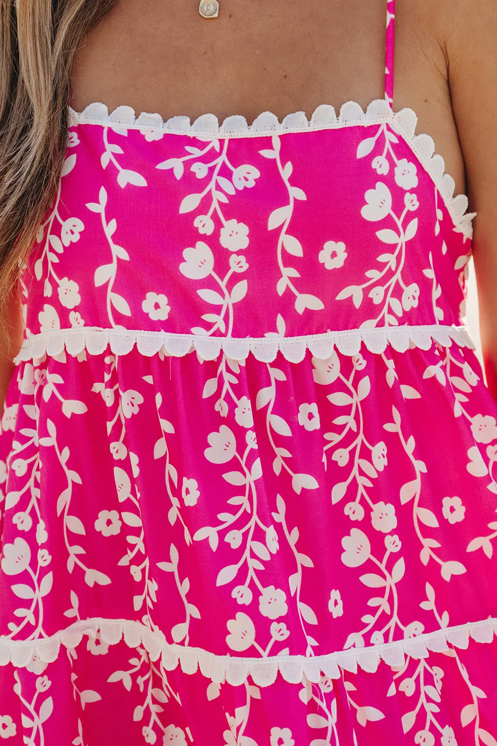 Pink Floral Print Ric Rac Patched Sleeveless Mini Dress