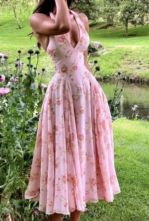 Pink Halter Neck A-Line Ankle Length Party Dresses Wedding Guest Dresses, D1050