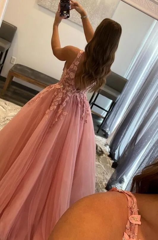 Pink Lace 2024 Prom Dresses Long Sexy Formal Dresses with Beaded