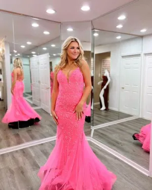 Pink Mermaid V Neck Prom Dresses Coral Tulle Long Evening Dress with Appliques
